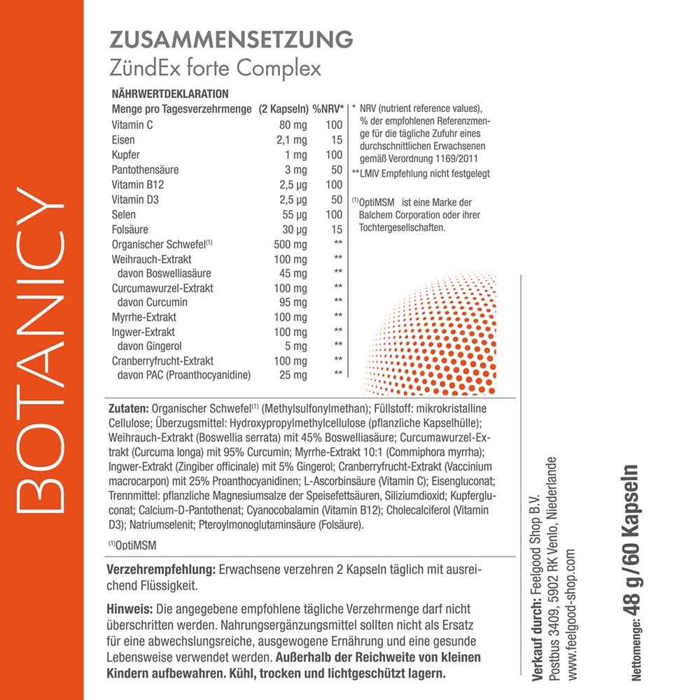 Nährwertdeklaration von ZündEx forte Complex. Inhaltsstoffe und Nährwerte pro 2 Kapseln. Enthält OptiMSM.