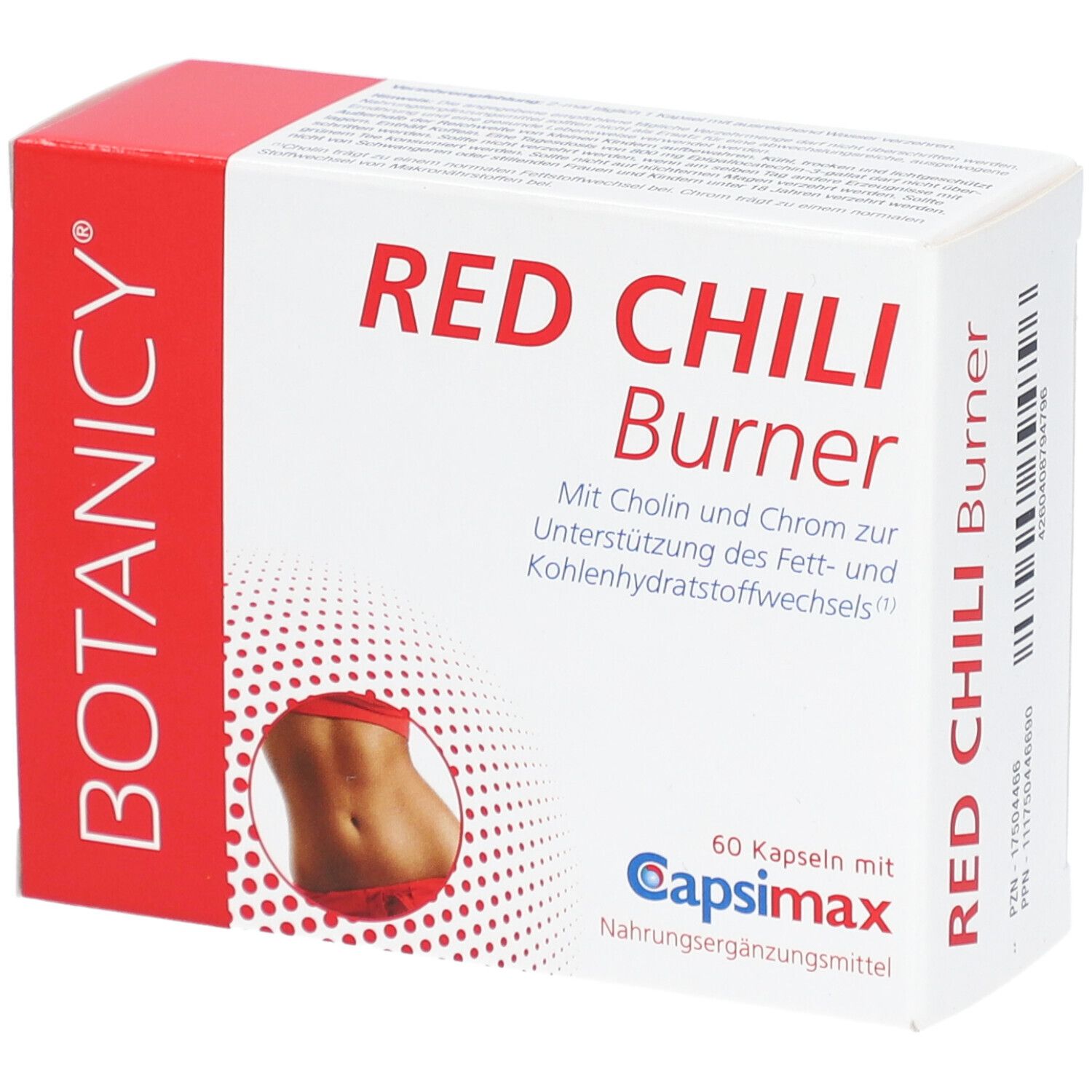 Weiß-rote Schachtel mit Produktnamen RED CHILI Burner. Enthält 60 Kapseln mit Capsimax. Marke: BOTANICY.