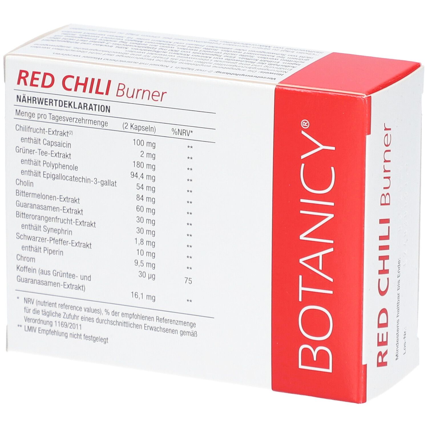 Nährwertdeklaration von RED CHILI Burner. Enthält Informationen zu Inhaltsstoffen und Nährwerten.