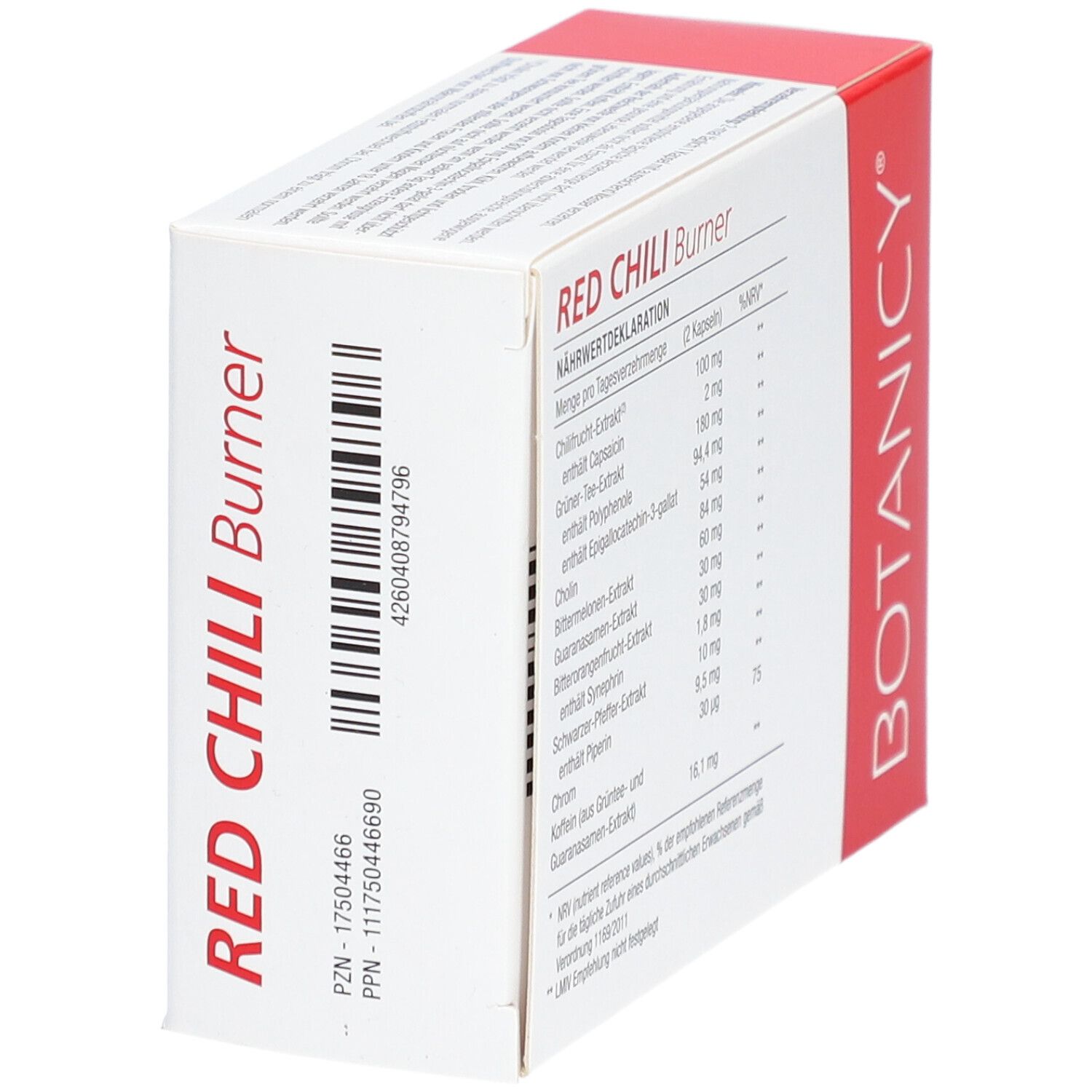 Rückseite der Schachtel mit Nährwertdeklaration. Enthält Informationen zu Inhaltsstoffen und Nährwerten.