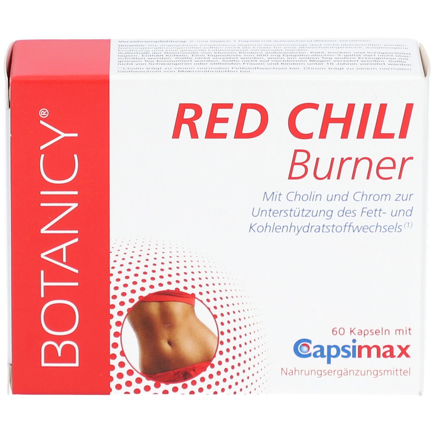 Weiß-rote Schachtel mit Produktnamen RED CHILI Burner. Enthält 60 Kapseln mit Capsimax. Marke: BOTANICY.