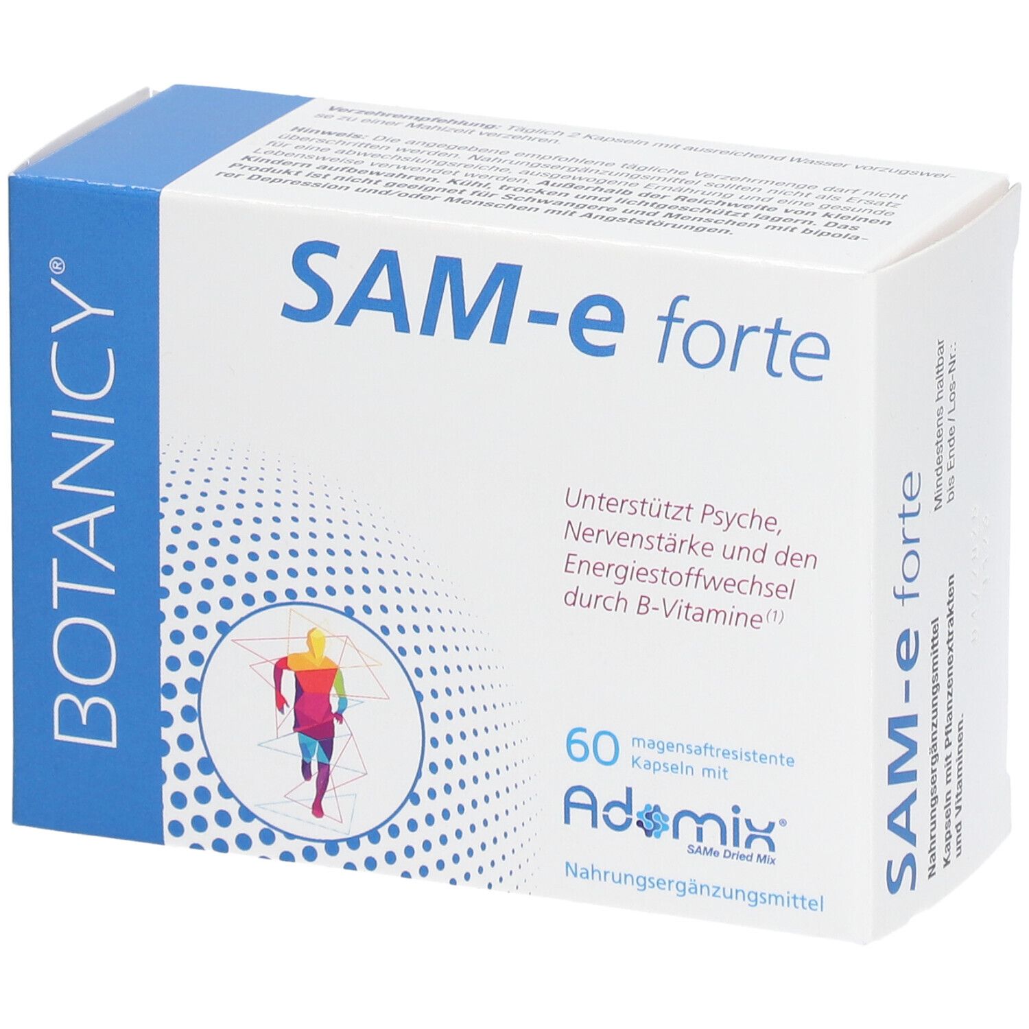Botanicy SAM-e forte Packung. Enthält 60 magensaftresistente Kapseln. Mit Adomix. Nahrungsergänzungsmittel.