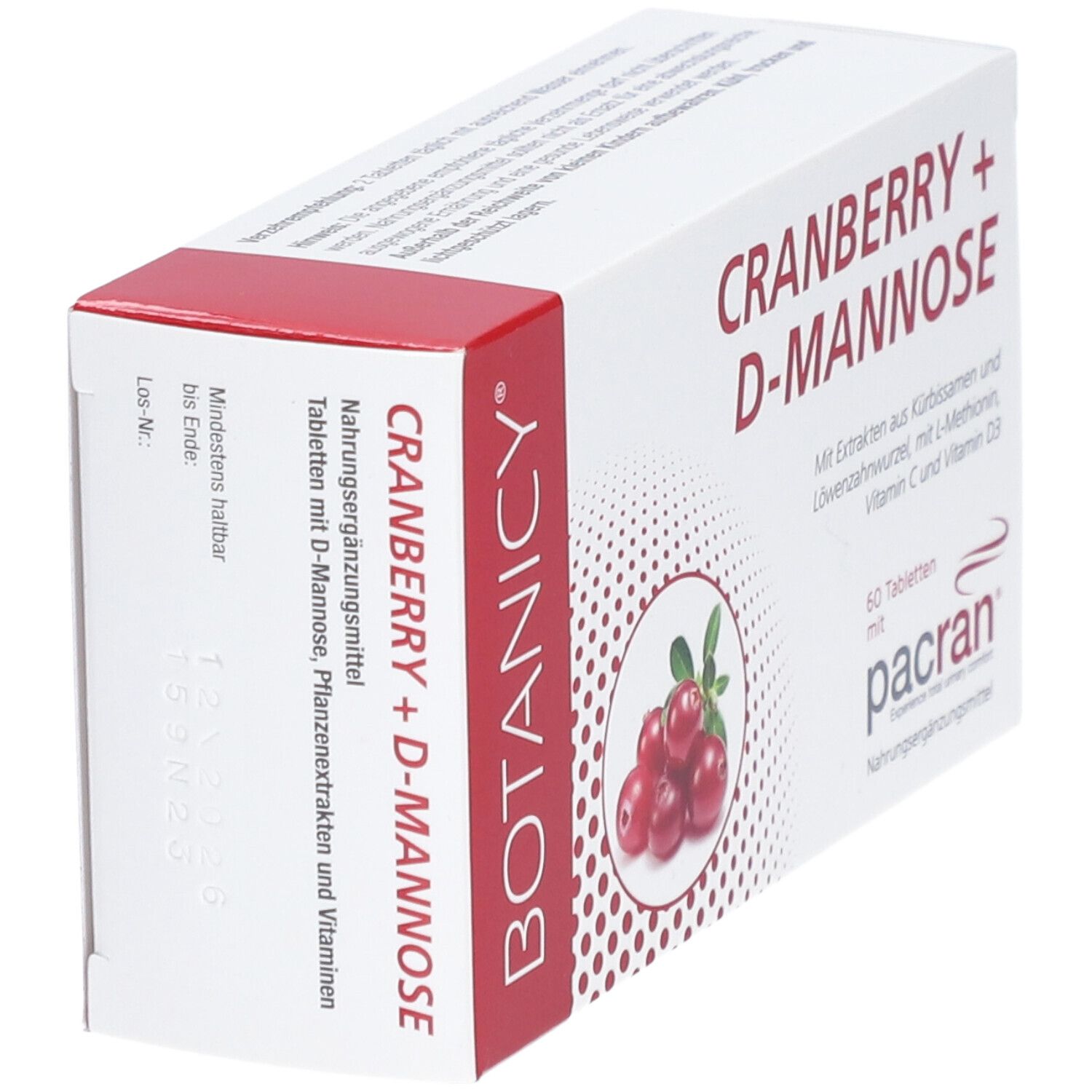 BOTANICY Cranberry + D-Mannose. Verpackung. 60 Tabletten. Cranberry-Abbildung. Mit pacran®.