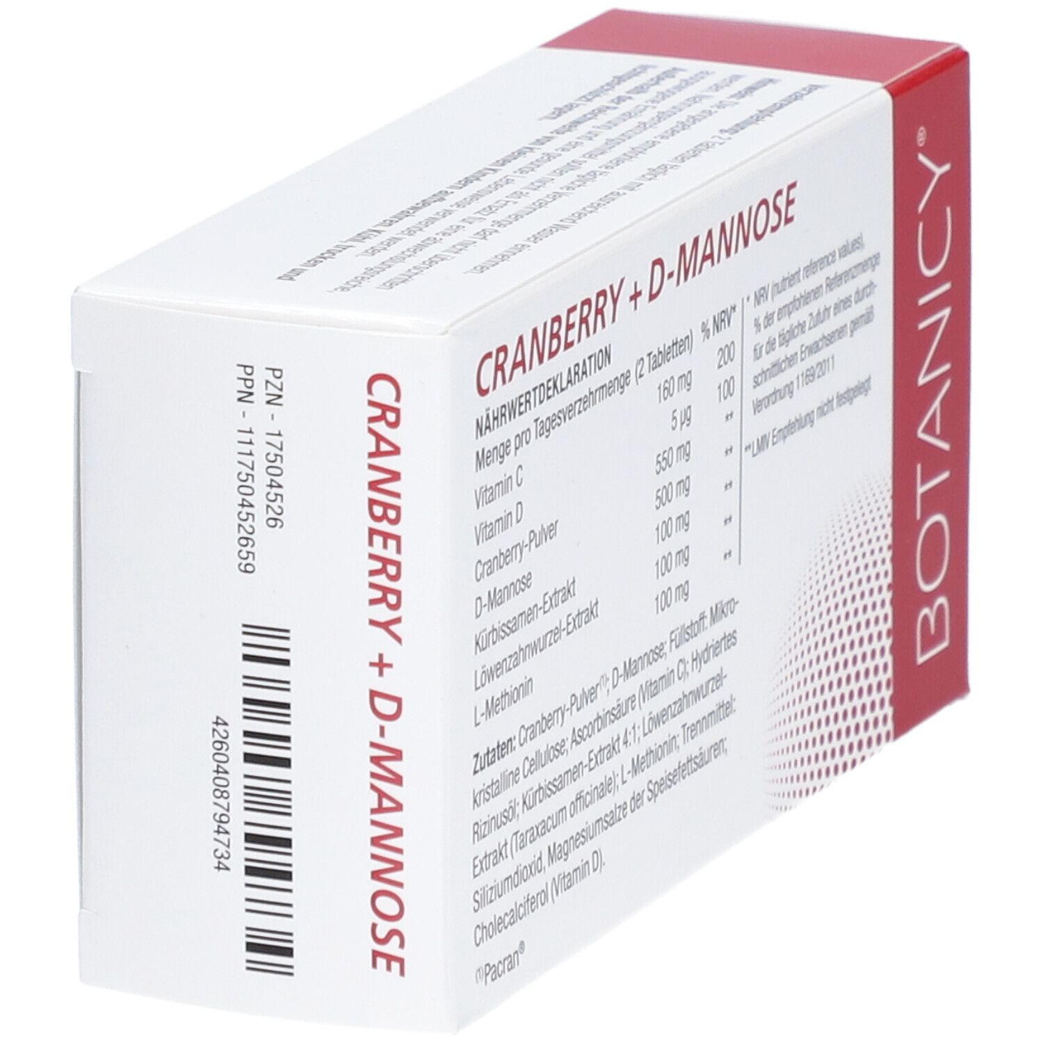 BOTANICY Cranberry + D-Mannose. Verpackung. 60 Tabletten. Cranberry-Abbildung. Mit pacran®.