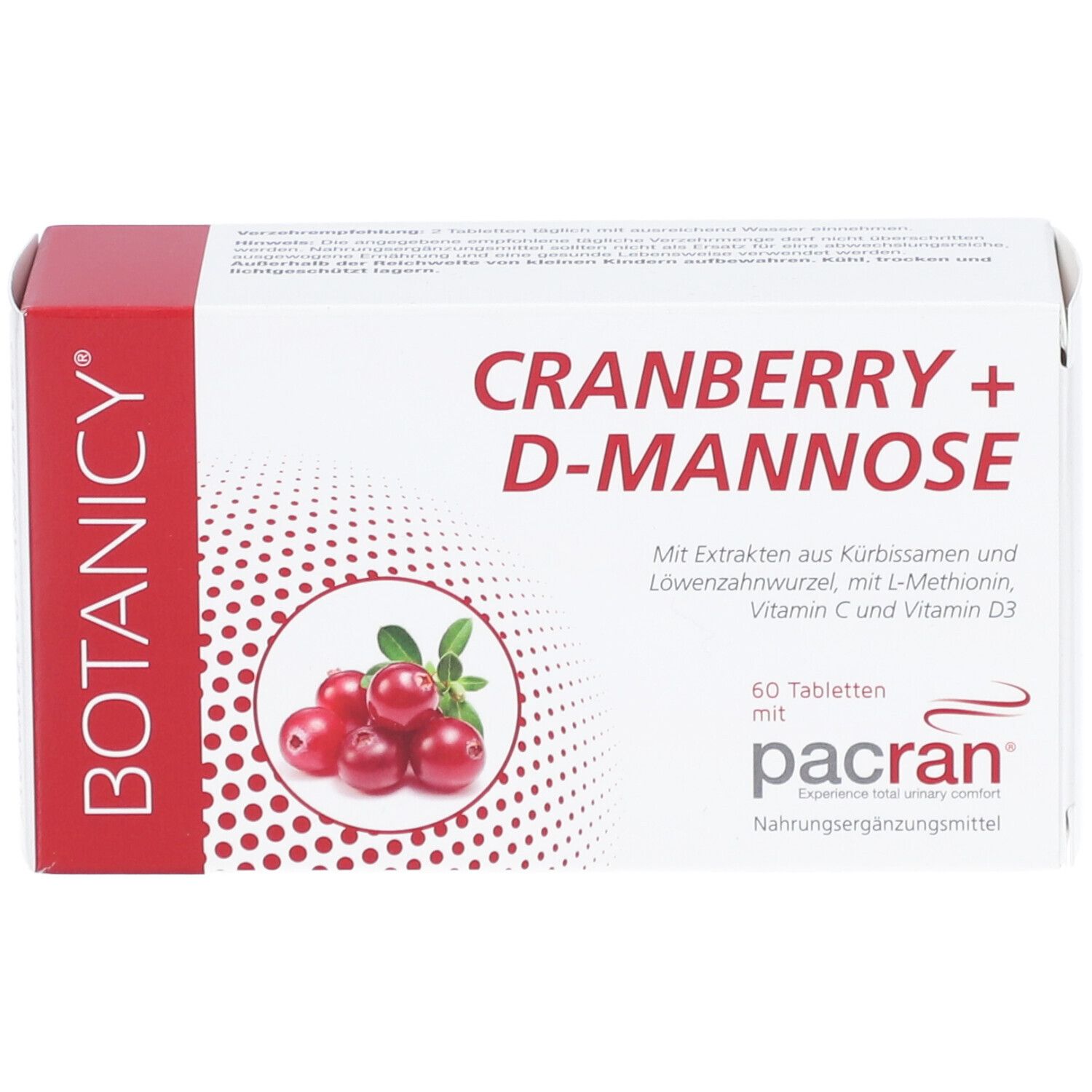 BOTANICY Cranberry + D-Mannose. 60 Tabletten. Cranberry-Abbildung. Mit pacran®.