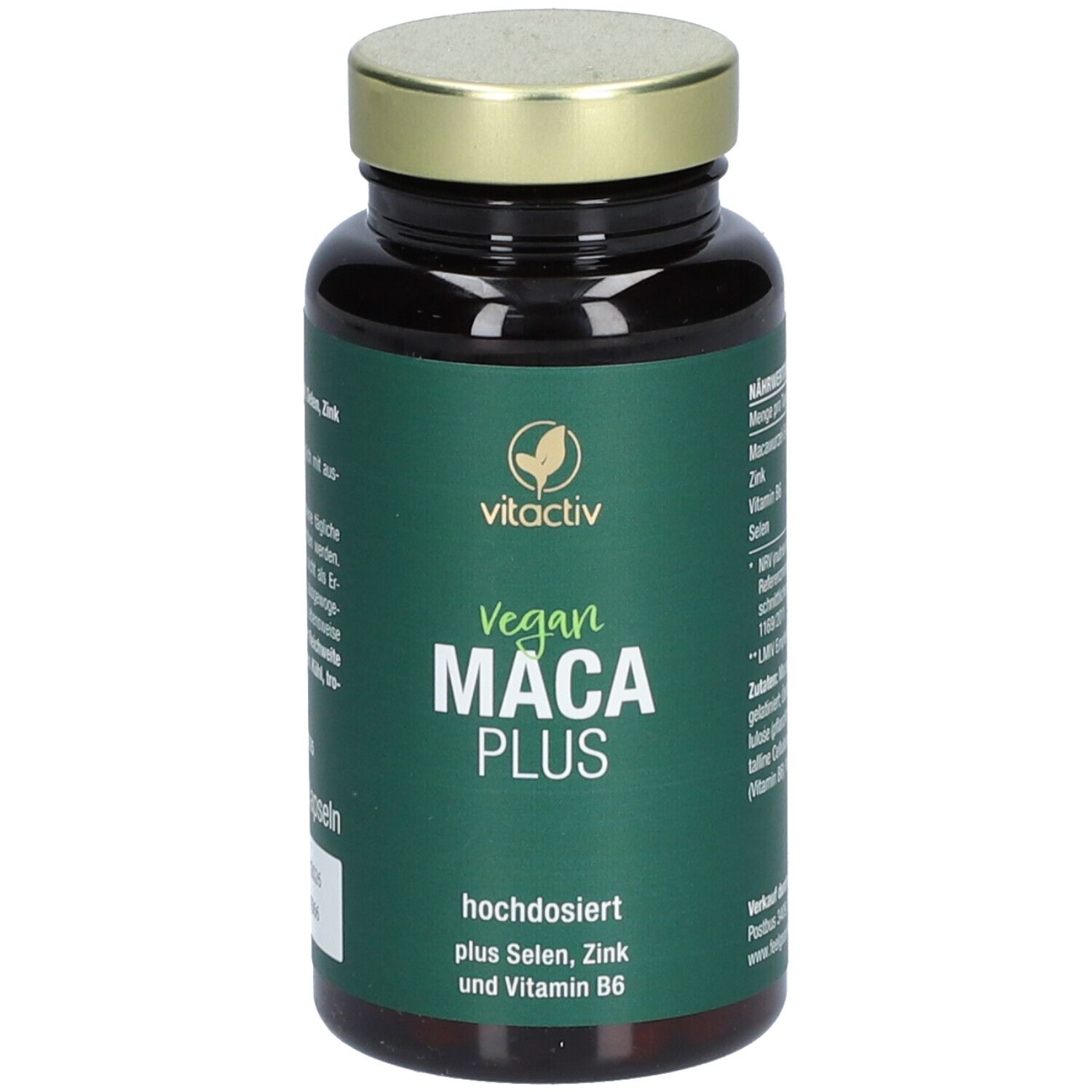 Braune Kapseln in einer braunen Glasflasche mit goldenem Deckel. Aufschrift: Vegan MACA PLUS, hochdosiert.