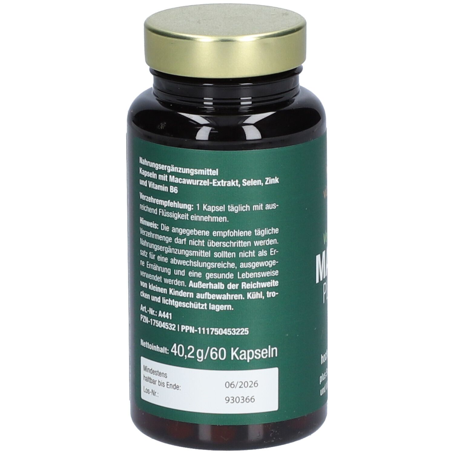 Braune Kapseln in einer braunen Glasflasche mit goldenem Deckel. Aufschrift: Vegan MACA PLUS, hochdosiert.