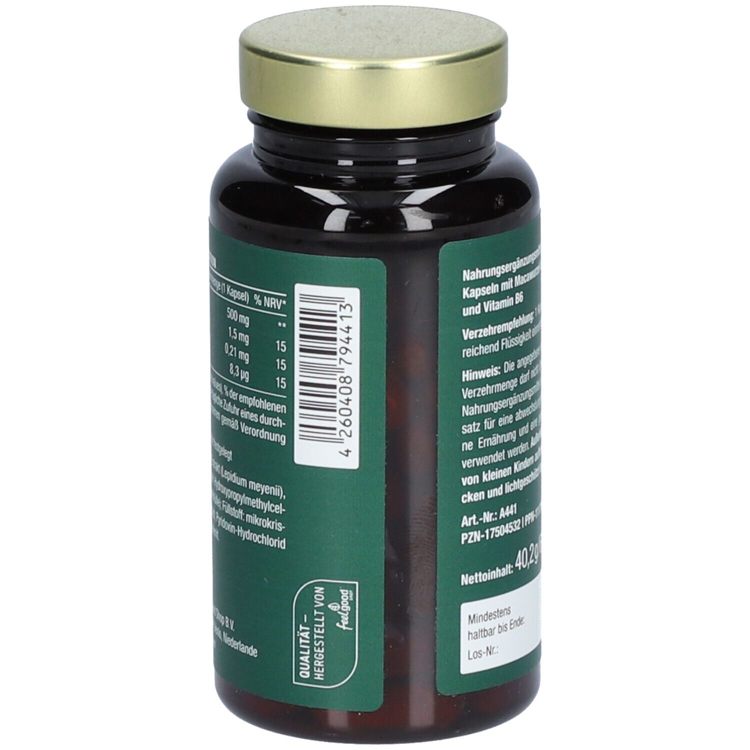 Braune Kapseln in einer braunen Glasflasche mit goldenem Deckel. Aufschrift: Vegan MACA PLUS, hochdosiert.