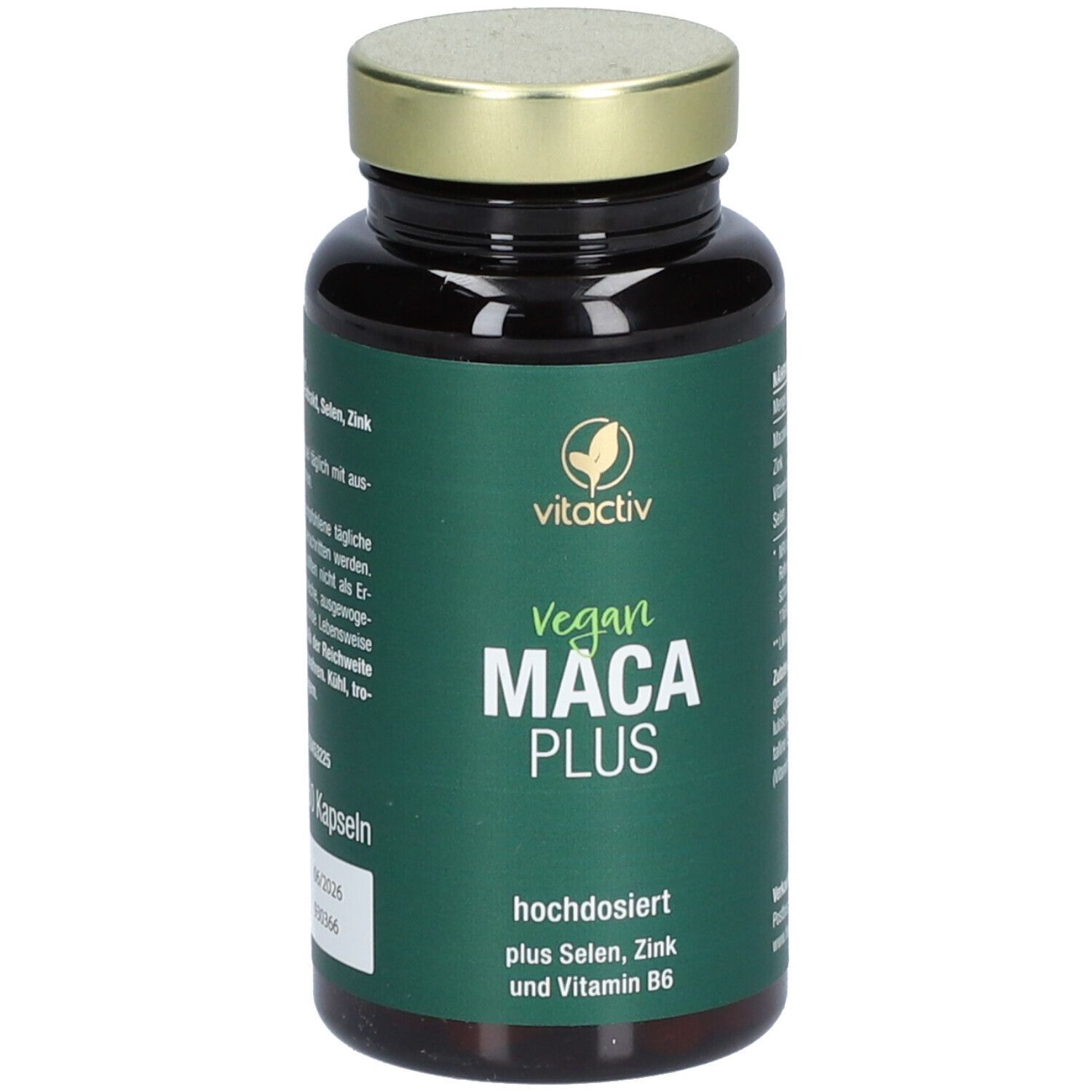 Braune Kapseln in einer braunen Glasflasche mit goldenem Deckel. Aufschrift: Vegan MACA PLUS, hochdosiert.