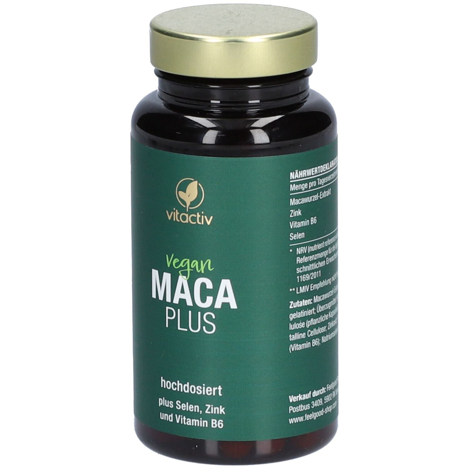 Braune Kapseln in einer braunen Glasflasche mit goldenem Deckel. Aufschrift: Vegan MACA PLUS, hochdosiert.