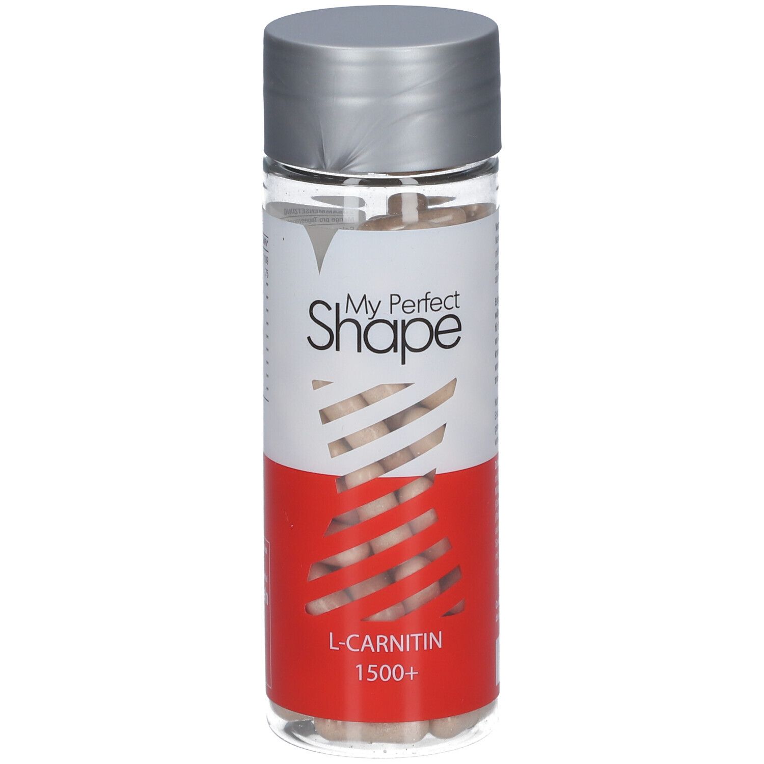 Klare Flasche mit Kapseln. Aufschrift: My Perfect Shape, L-Carnitin 1500+. Silberner Deckel. Roter und weißer Hintergrund.