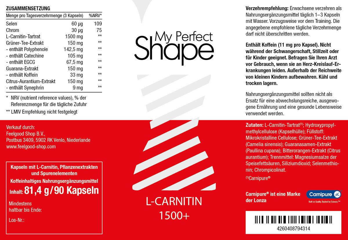 Rückseite der Verpackung. Enthält Informationen zu Inhaltsstoffen, Nährwerten und Hersteller. Logo: My Perfect Shape, L-Carnitin 1500+.