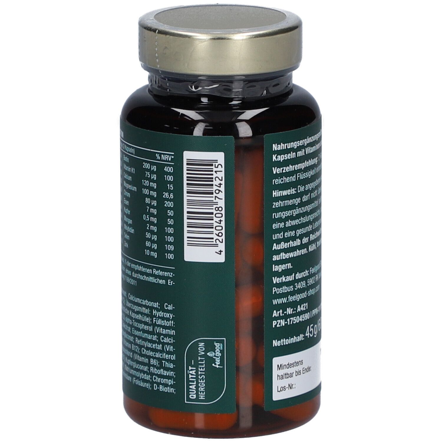 Grüne Flasche mit "Vegan MULTI 50+ KOMPLEX". Enthält Vitamine & Mineralstoffe. Rückseite mit Text und Informationen.