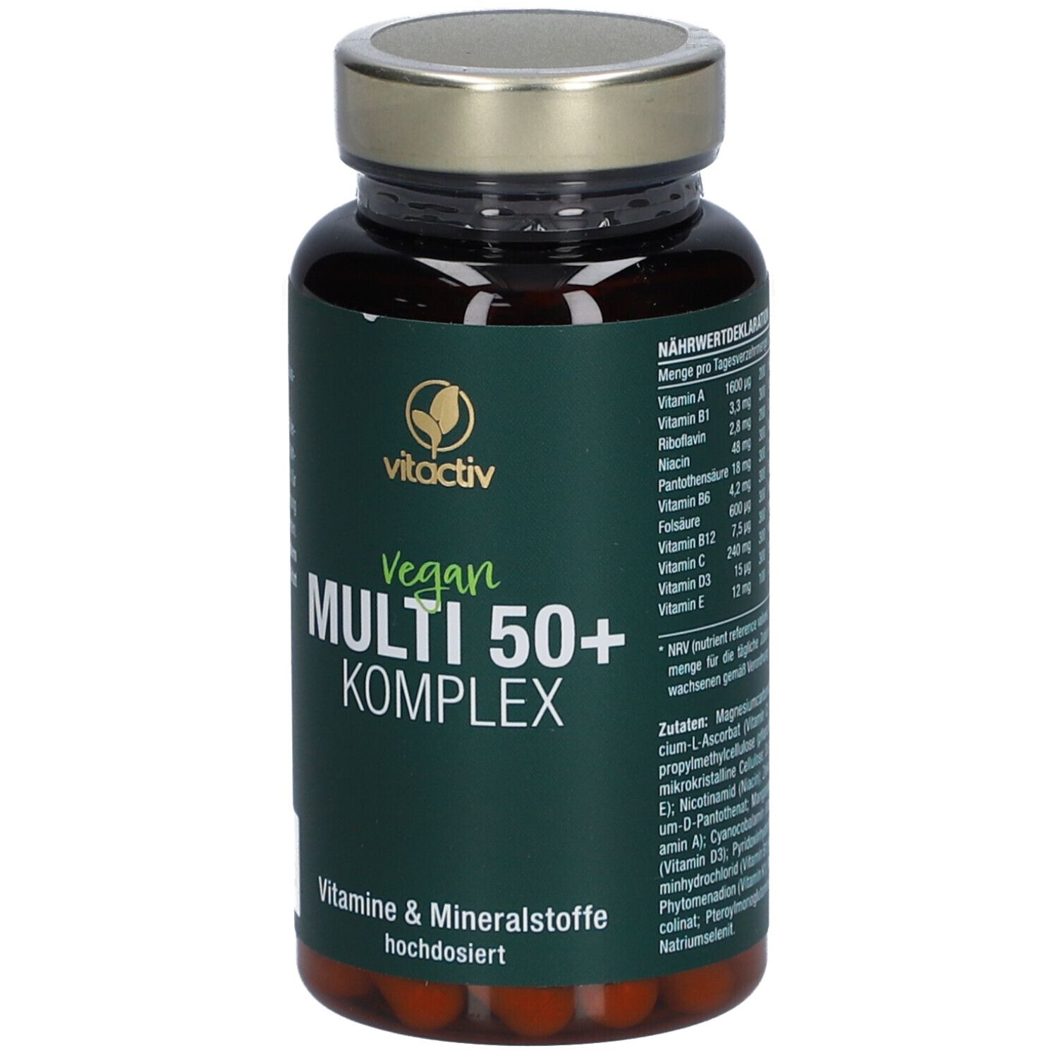Grüne Flasche mit "Vegan MULTI 50+ KOMPLEX". Enthält Vitamine & Mineralstoffe. Rückseite mit Nährwertdeklaration.