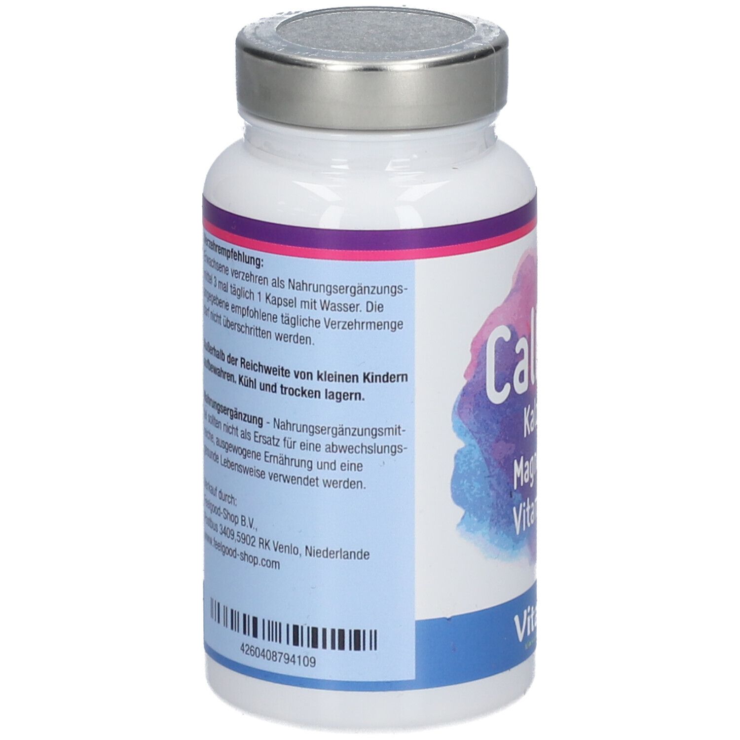 Rückseite der weißen Flasche. Text: Verzehrempfehlung, Hinweise zur Aufbewahrung, Nährwertangaben. Marke: Vitactiv.