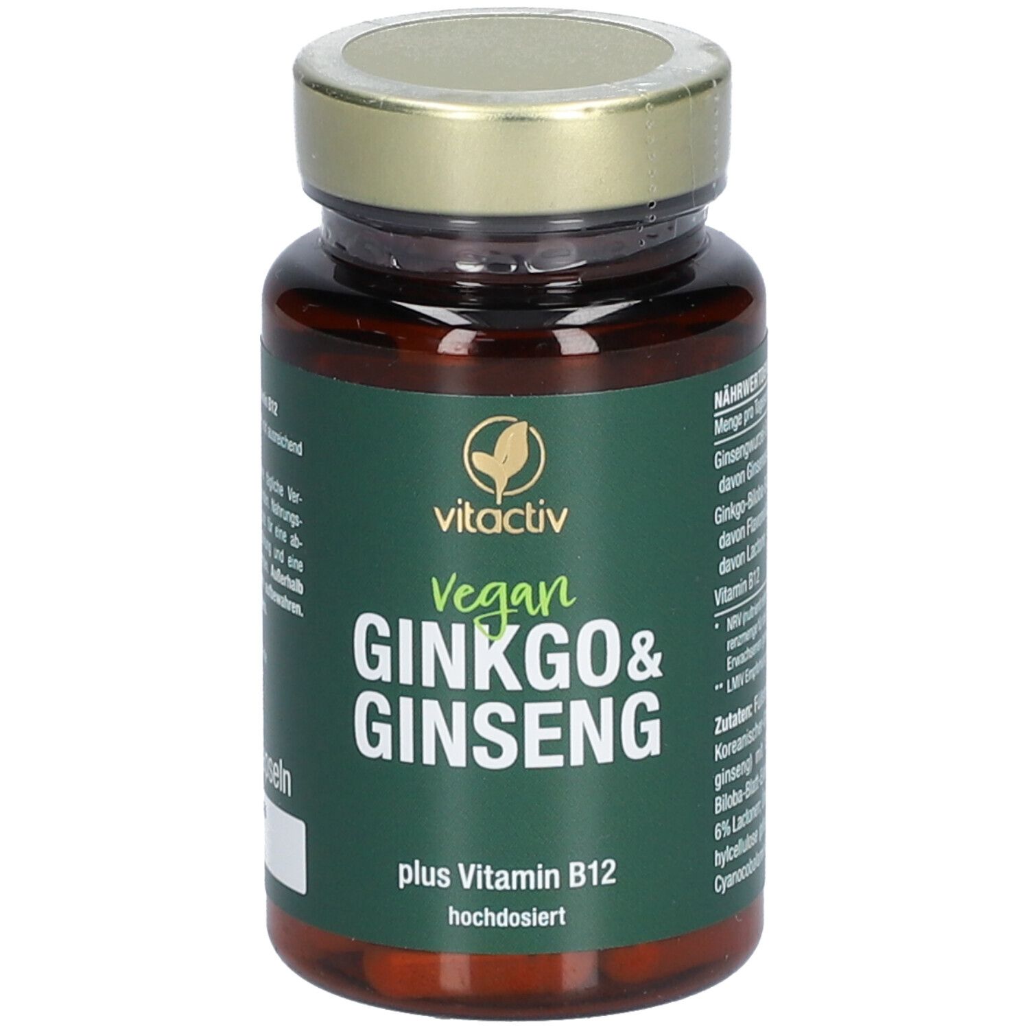 Braune Flasche mit grünem Etikett. Aufschrift: Vitactiv Vegan Ginkgo & Ginseng plus Vitamin B12.