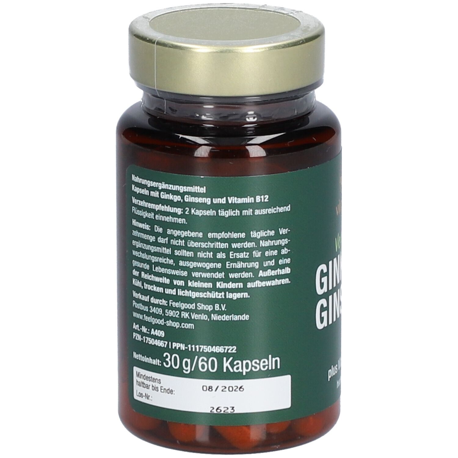 Rückseite der Flasche. Text: Nahrungsergänzungsmittel. Angaben zur Anwendung und Inhaltsstoffe.