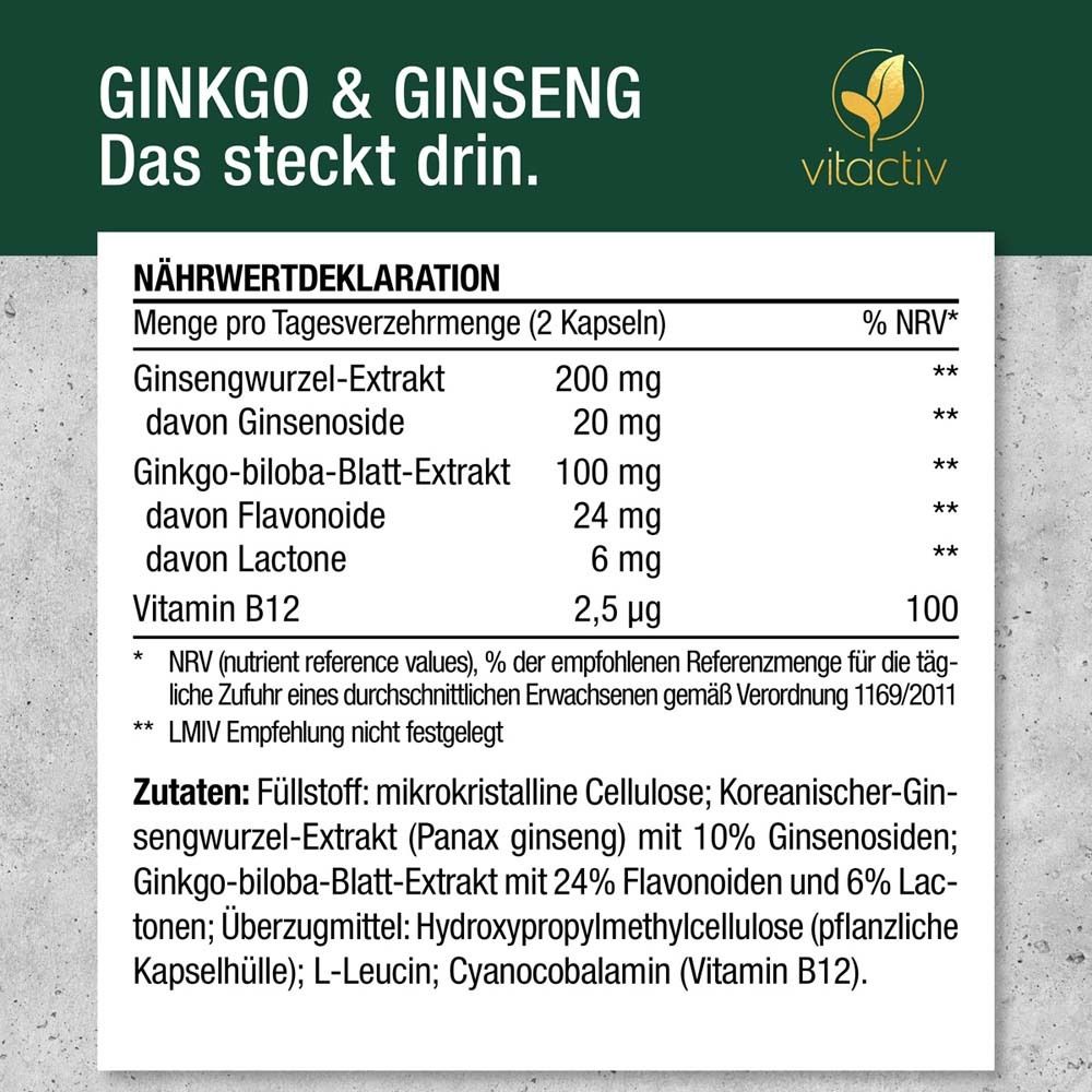 Nährwerttabelle. Angaben zu Ginsengwurzel-Extrakt, Ginkgo-biloba-Blatt-Extrakt und Vitamin B12.