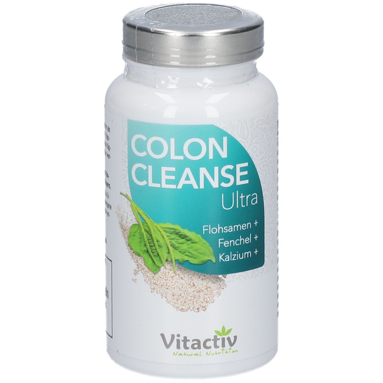 Weiße Flasche mit COLON CLEANSE Ultra-Etikett. Enthält Flohsamen, Fenchel und Kalzium. Vitactiv-Logo.