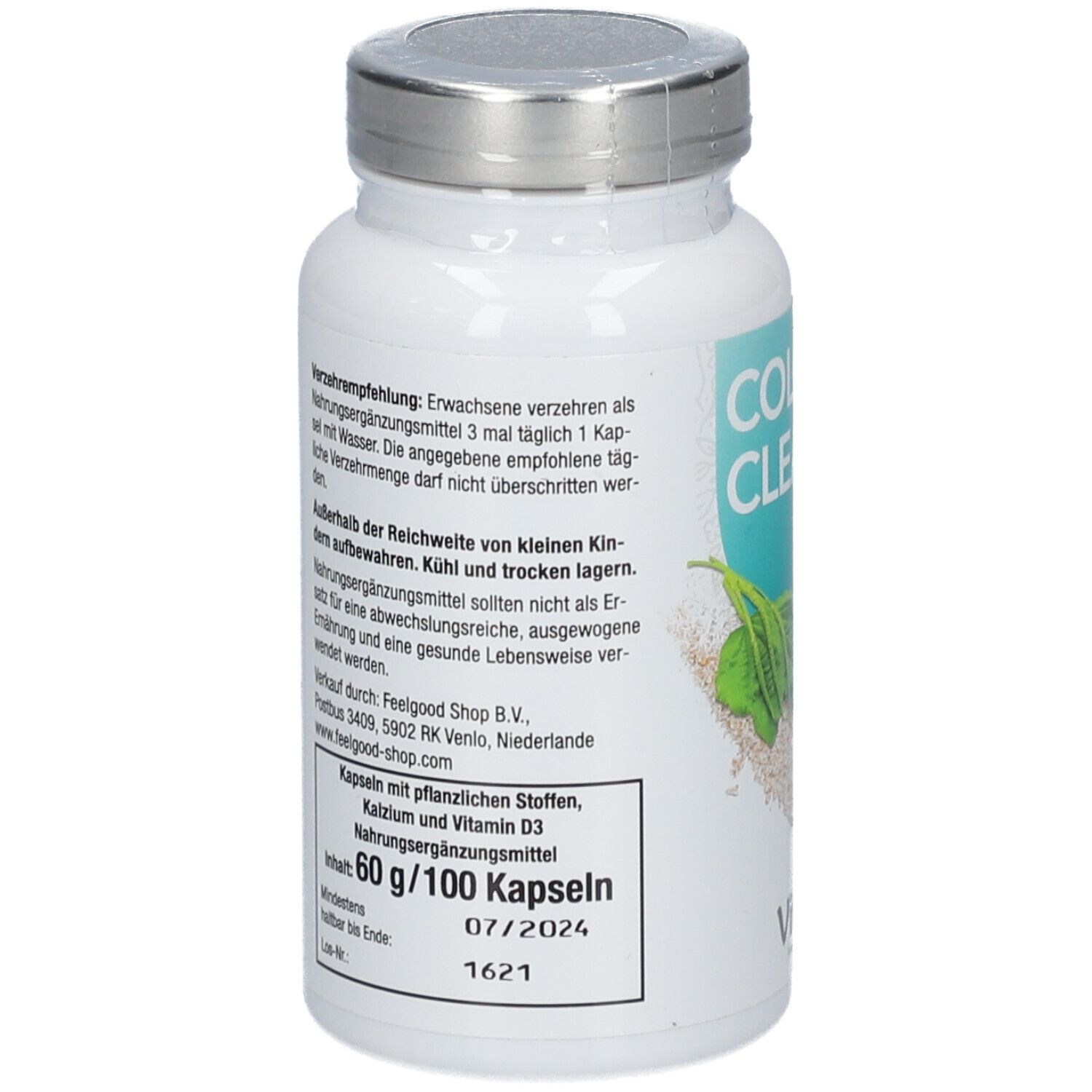 Rückseite der COLON CLEANSE Ultra-Flasche. Enthält Informationen zu Inhaltsstoffen und Nährwerten. Vitactiv-Logo.