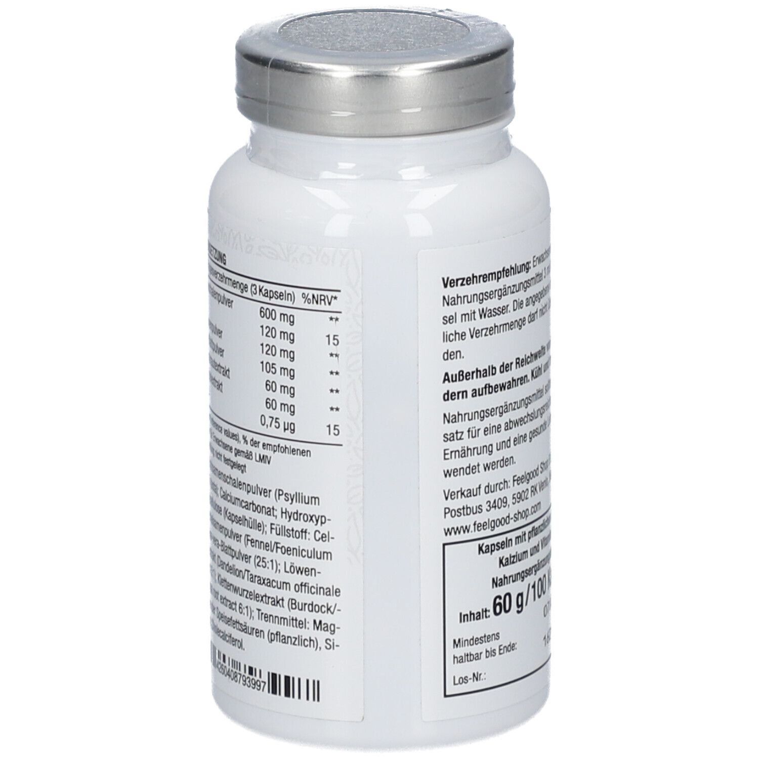 Weiße Flasche mit COLON CLEANSE Ultra-Etikett. Enthält Flohsamen, Fenchel und Kalzium. Vitactiv-Logo.