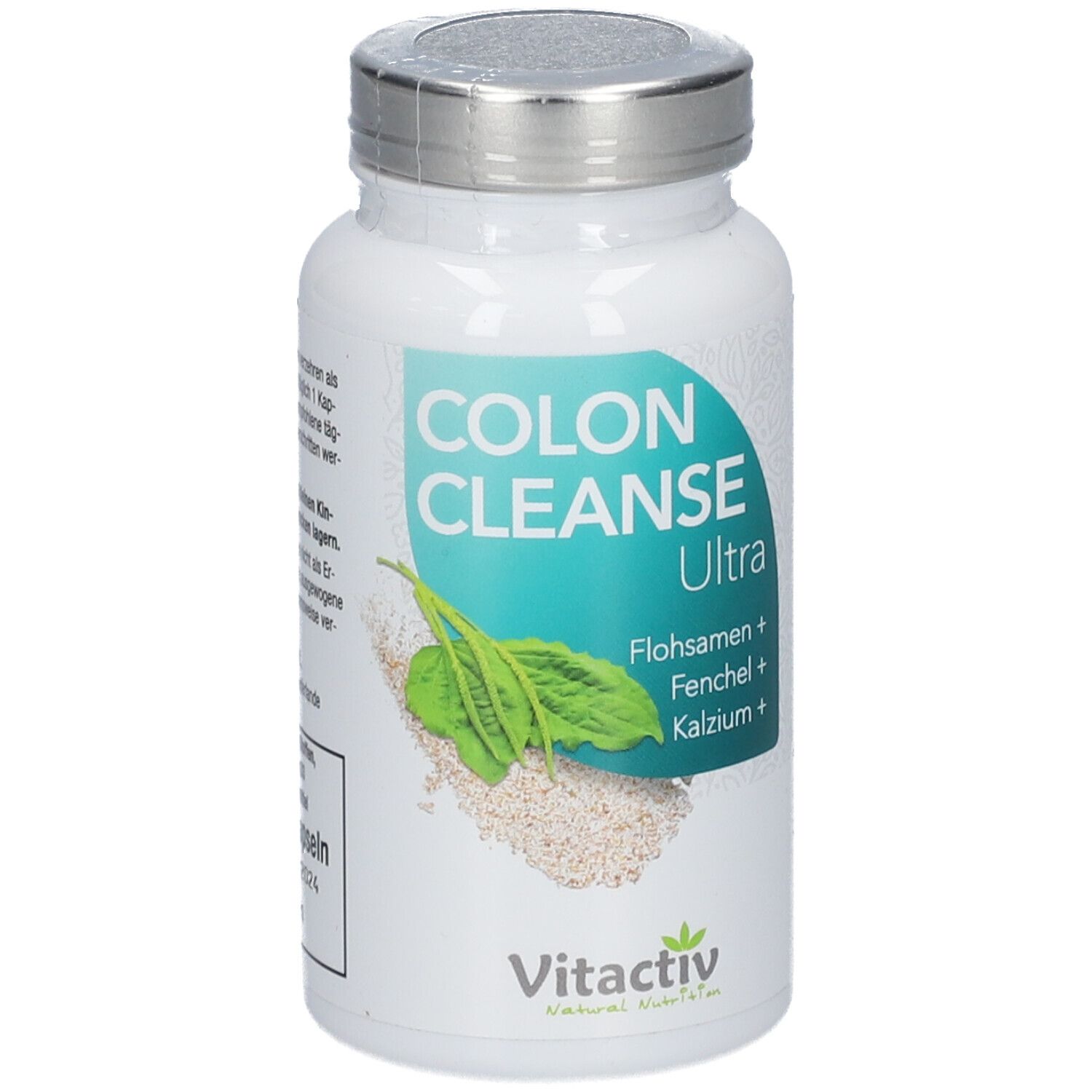 Rückseite der COLON CLEANSE Ultra-Flasche. Enthält Informationen zu Inhaltsstoffen und Nährwerten. Vitactiv-Logo.