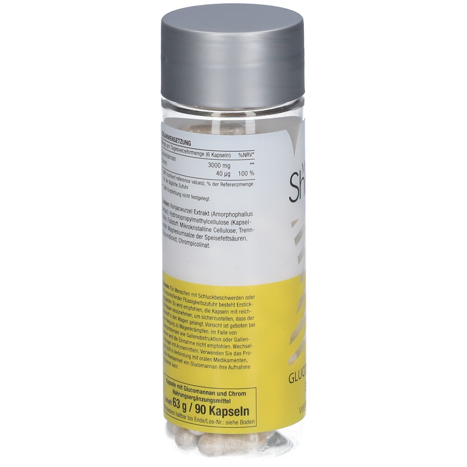 Flasche mit Kapseln, Etikett mit Text. Gelber Hintergrund, "My Perfect Shape", "Glucomannan 3000". Silberner Deckel.