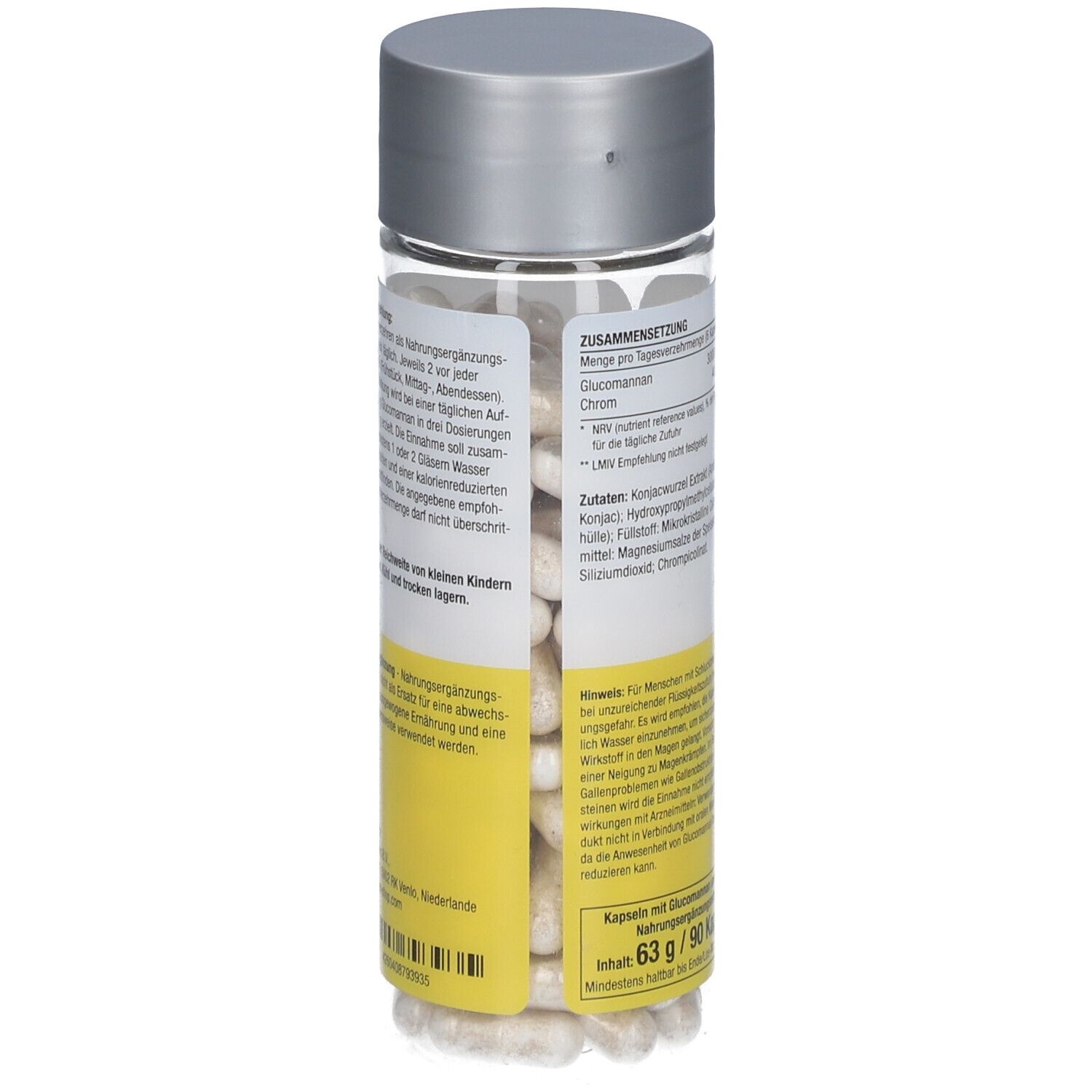 Flasche mit Kapseln, Etikett mit Text. Gelber Hintergrund, "My Perfect Shape", "Glucomannan 3000". Silberner Deckel.