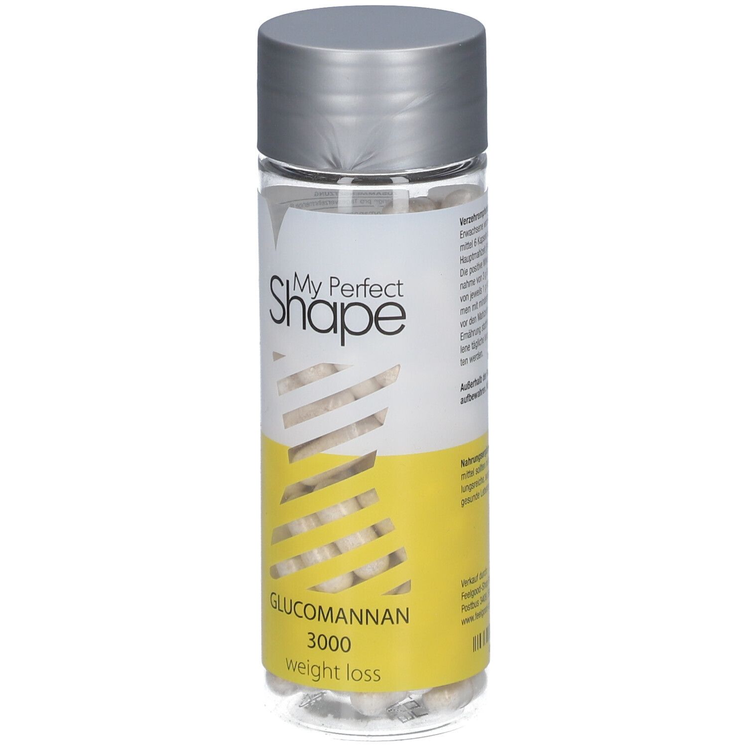 Flasche mit Kapseln, Etikett mit Text. Gelber Hintergrund, "My Perfect Shape", "Glucomannan 3000". Silberner Deckel.