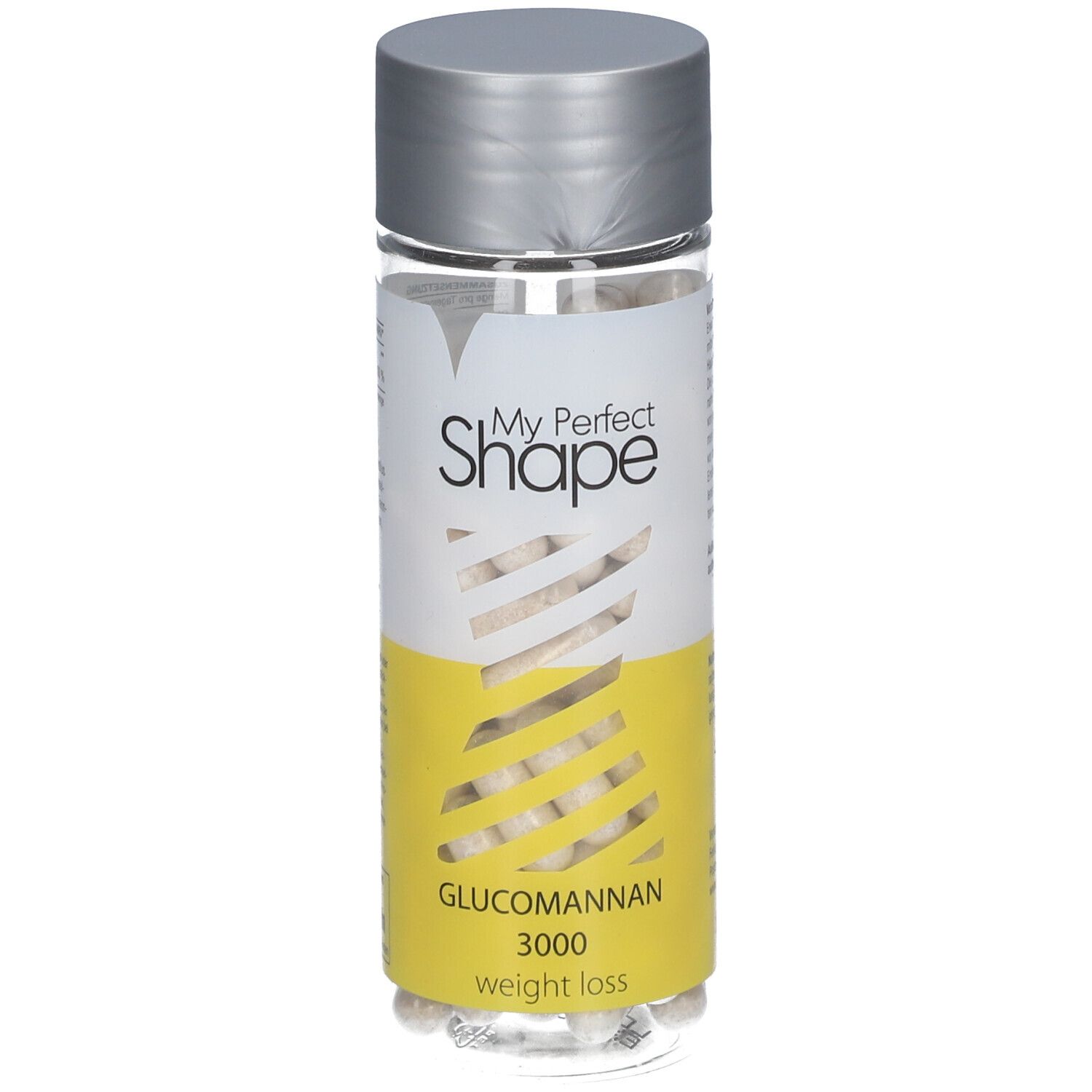 Flasche mit Kapseln, Etikett mit Text. Gelber Hintergrund, "My Perfect Shape", "Glucomannan 3000". Silberner Deckel.