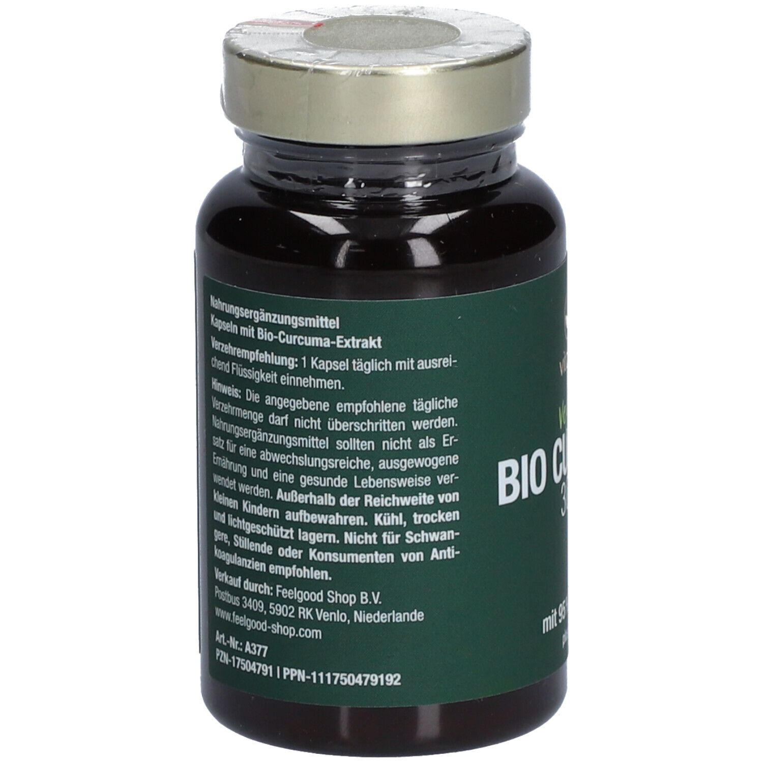 Braune Flasche mit grüner Etikettierung. Aufschrift: Vitactiv Vegan BIO CURCUMA 3000. Mit 95% Curcumin plus Piperin. Rückseite mit Text.