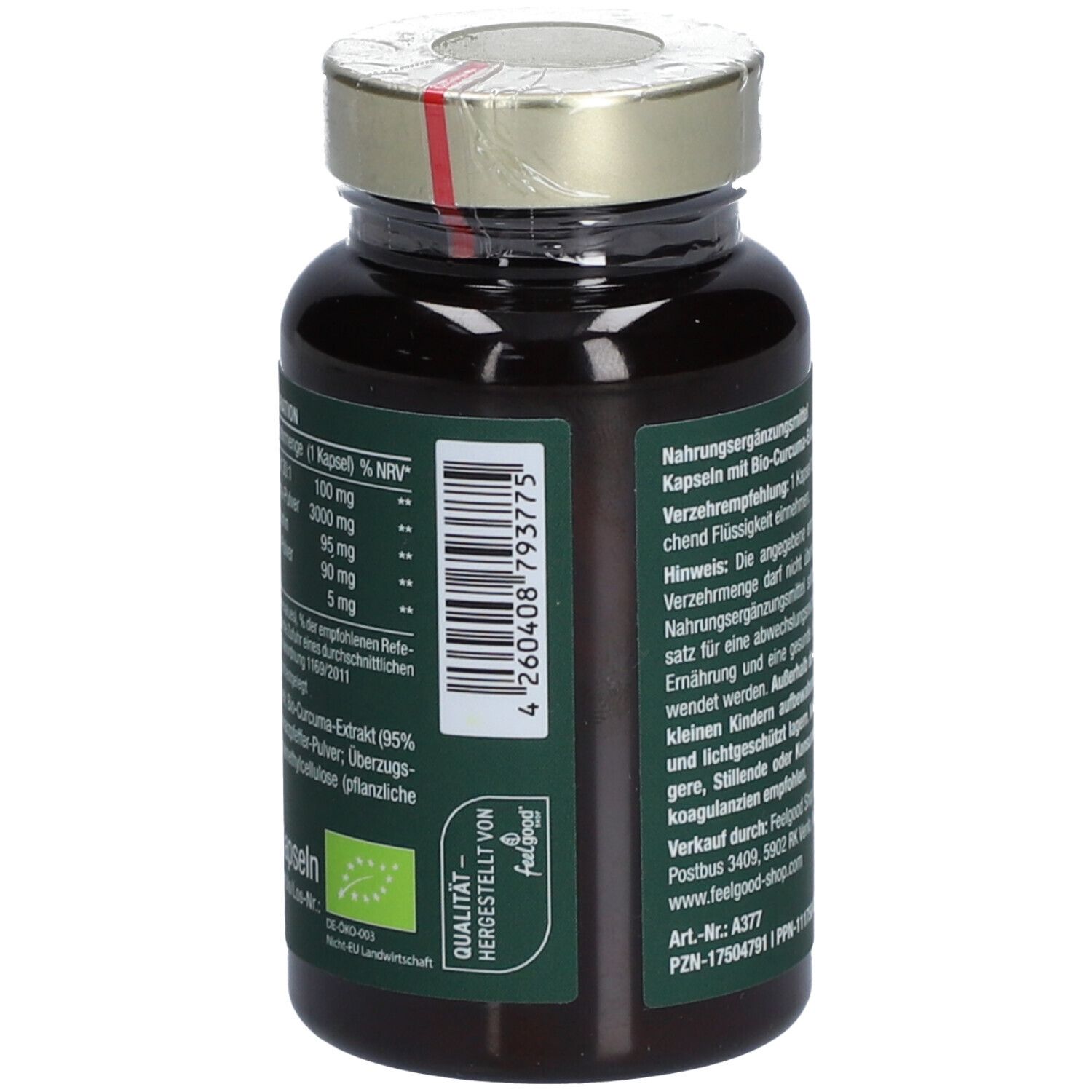 Braune Flasche mit grüner Etikettierung. Aufschrift: Vitactiv Vegan BIO CURCUMA 3000. Mit 95% Curcumin plus Piperin. Rückseite mit Text.