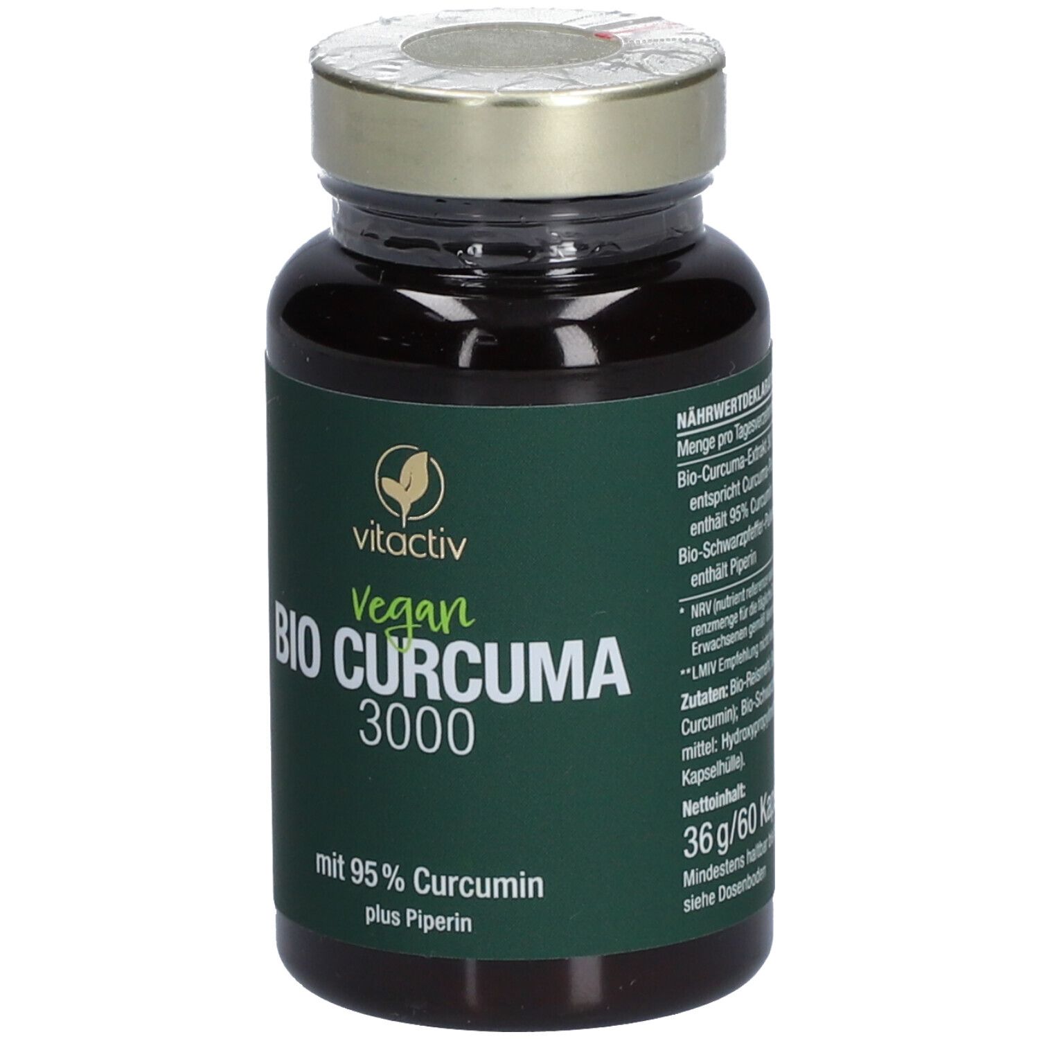 Braune Flasche mit grüner Etikettierung. Aufschrift: Vitactiv Vegan BIO CURCUMA 3000. Mit 95% Curcumin plus Piperin. Nährwertdeklaration.