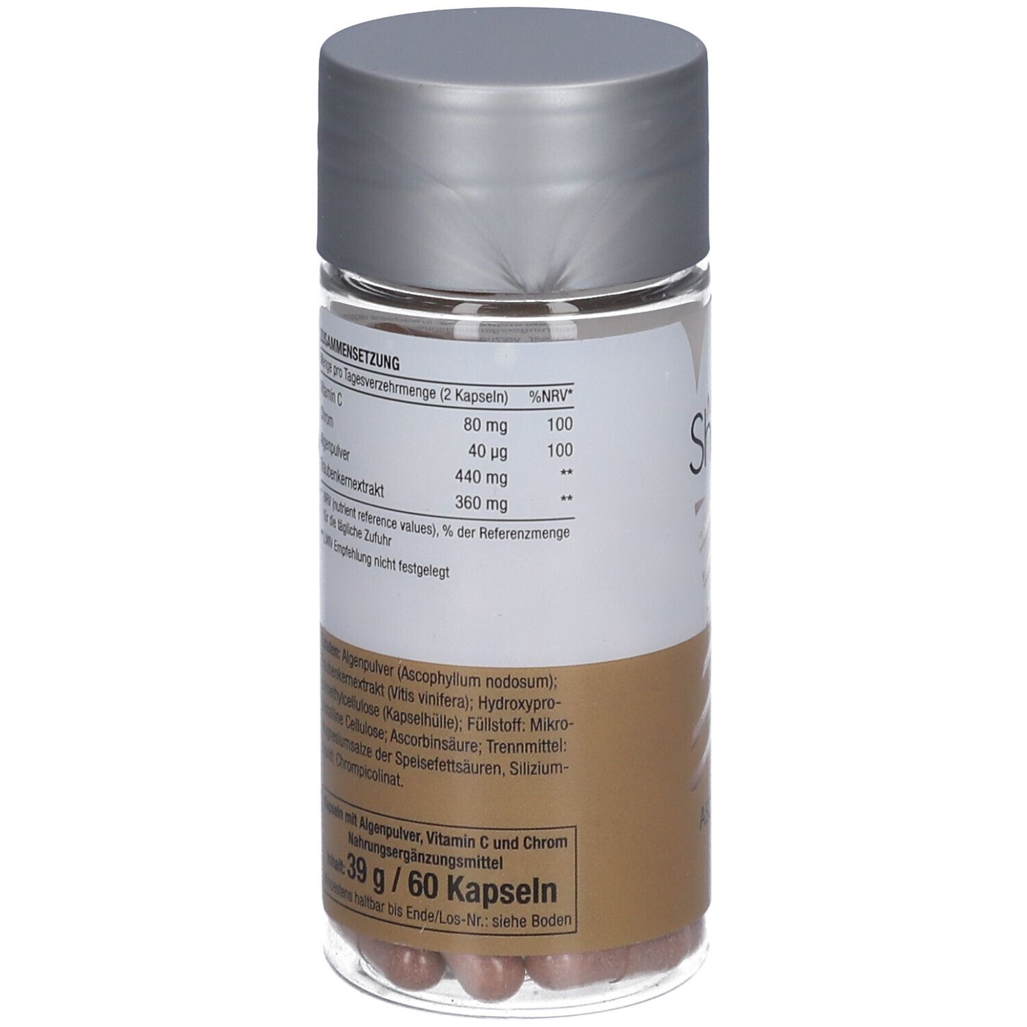 Klare Flasche mit Kapseln. Silberner Deckel. Aufschrift: My Perfect Shape ASCOBLOCK 440.