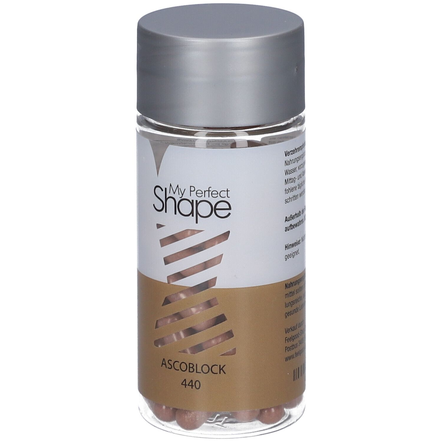 Klare Flasche mit Kapseln. Silberner Deckel. Aufschrift: My Perfect Shape ASCOBLOCK 440.