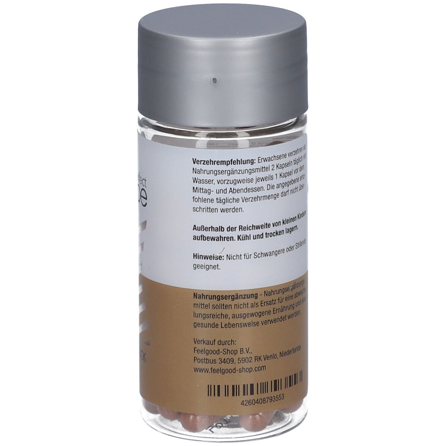 Klare Flasche mit Kapseln. Silberner Deckel. Aufschrift: My Perfect Shape ASCOBLOCK 440.