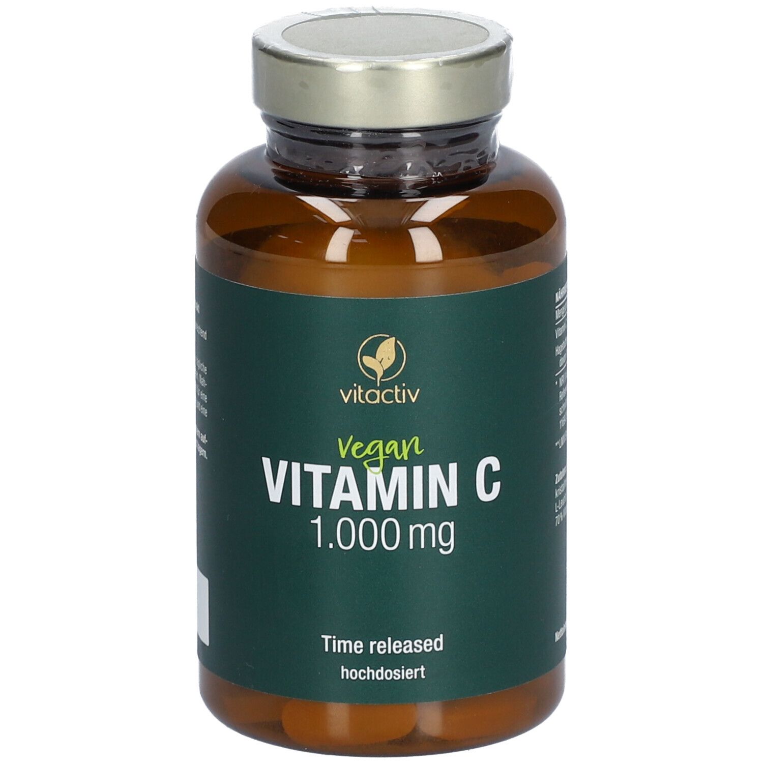 Braune Glasflasche mit grünem Etikett. Aufschrift: Vitactiv Vegan Vitamin C 1.000 mg. Zeitverzögert, hochdosiert.