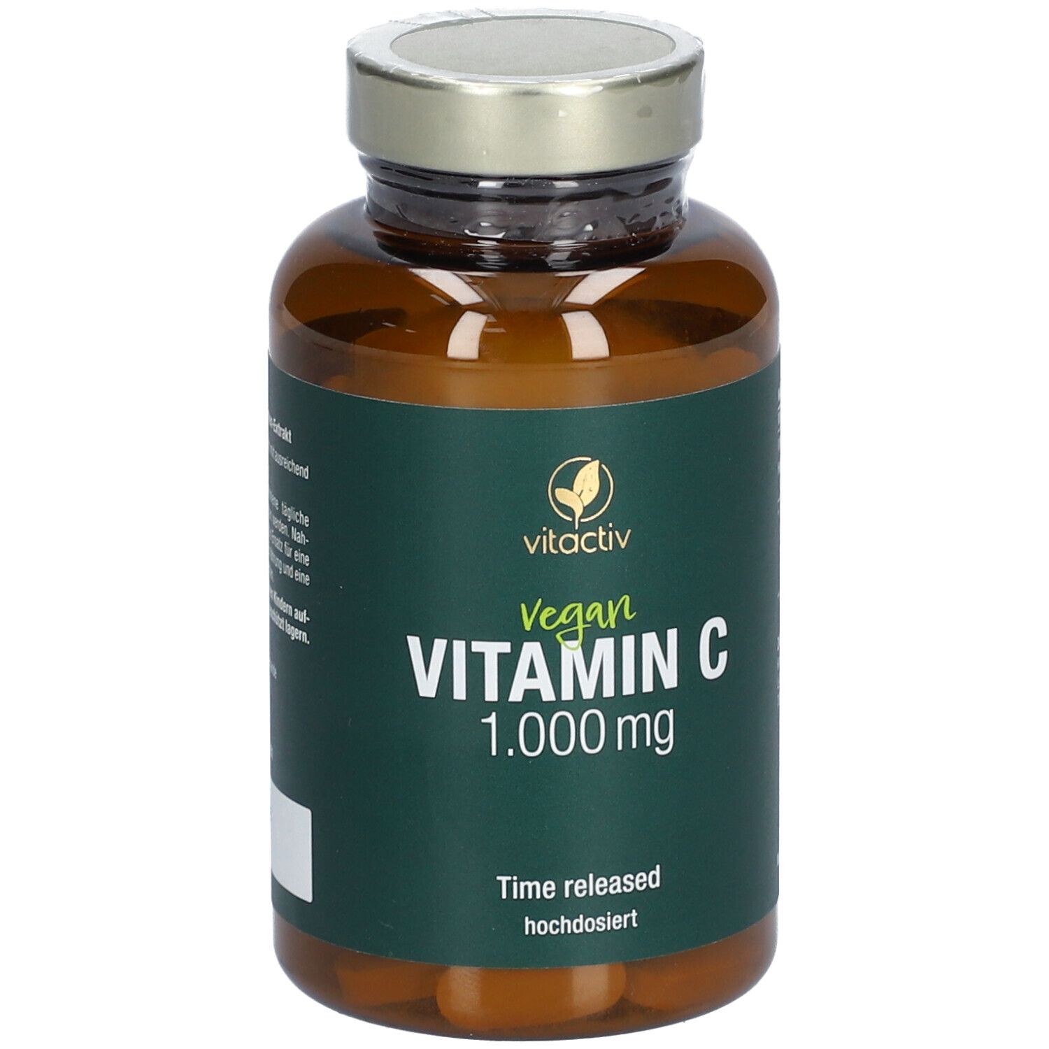 Braune Glasflasche mit grünem Etikett. Aufschrift: Vitactiv Vegan Vitamin C 1.000 mg. Zeitverzögert, hochdosiert.