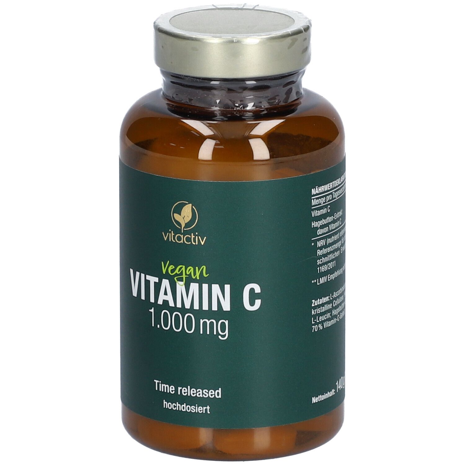 Braune Glasflasche mit grünem Etikett. Aufschrift: Vitactiv Vegan Vitamin C 1.000 mg. Zeitverzögert, hochdosiert. Rückseite mit Text.