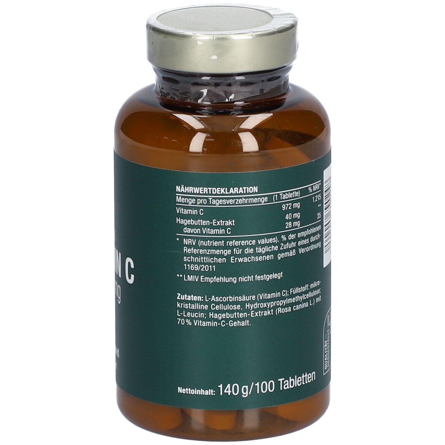 Braune Glasflasche mit grünem Etikett. Aufschrift: Vitactiv Vegan Vitamin C 1.000 mg. Zeitverzögert, hochdosiert. 140g/100 Tabletten.