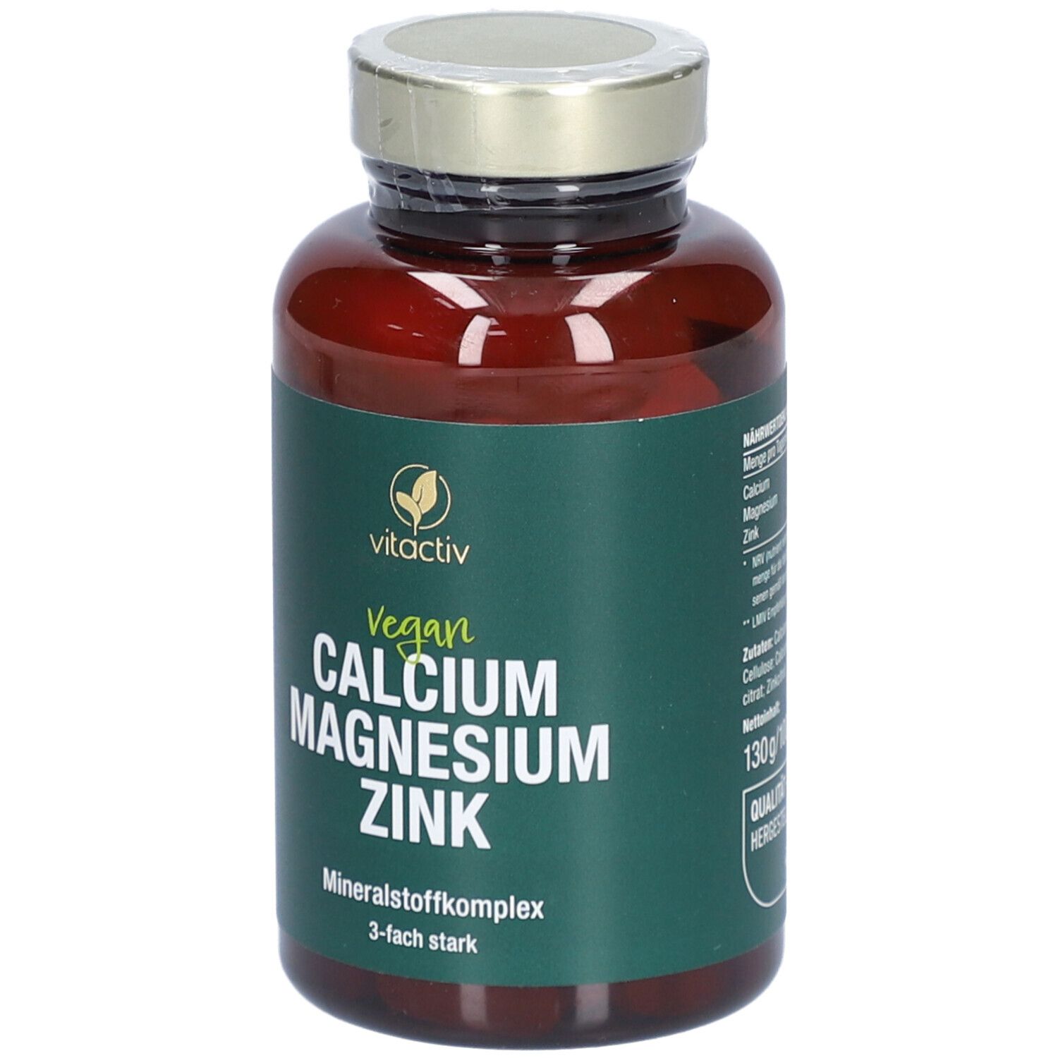 Rückseite der Flasche. Text und Informationen zum Produkt. Marke: Vitactiv.