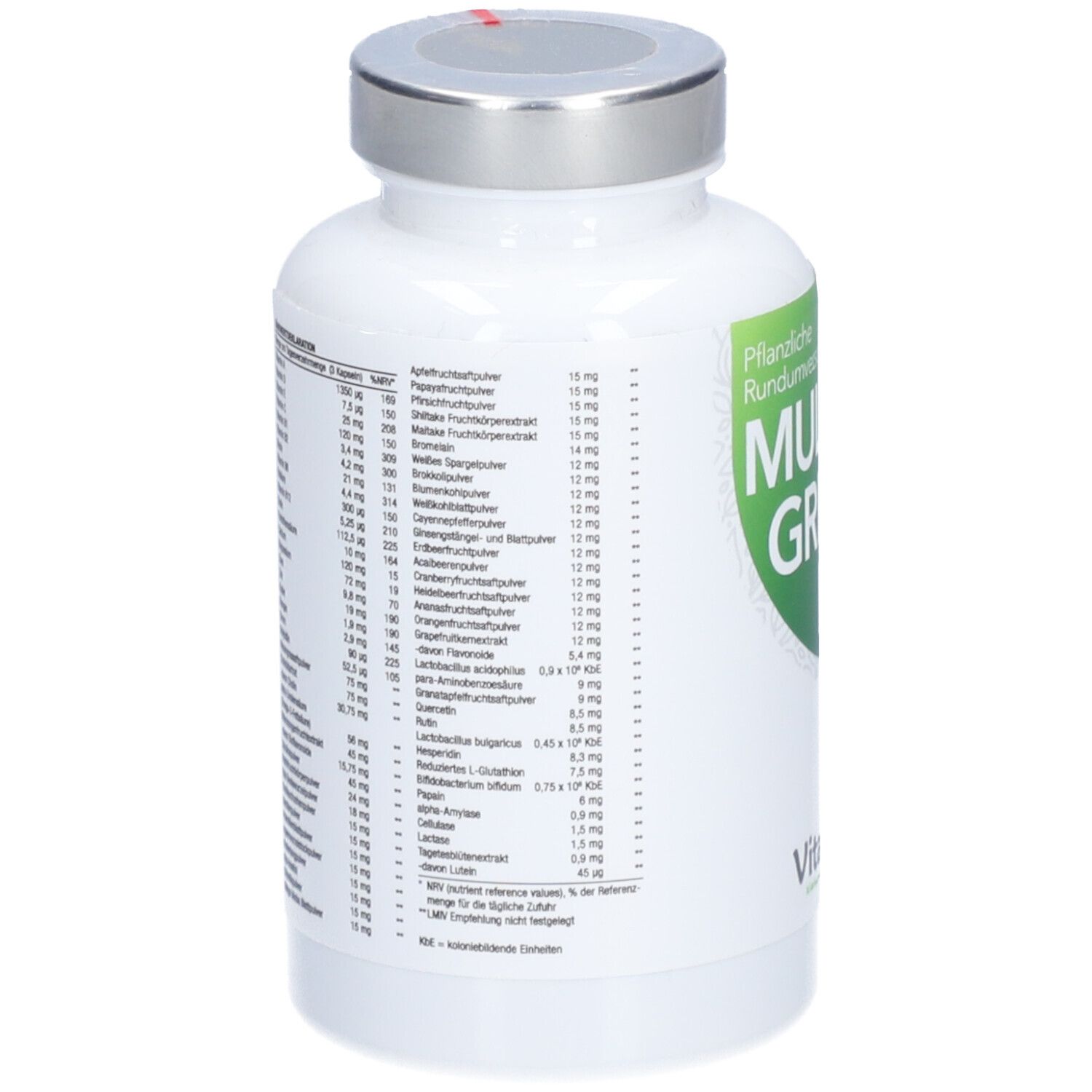 Braune Flasche mit grünem Etikett. Aufschrift: Vitactiv, Vegan, Multi Green Life. Rückseite mit Text.