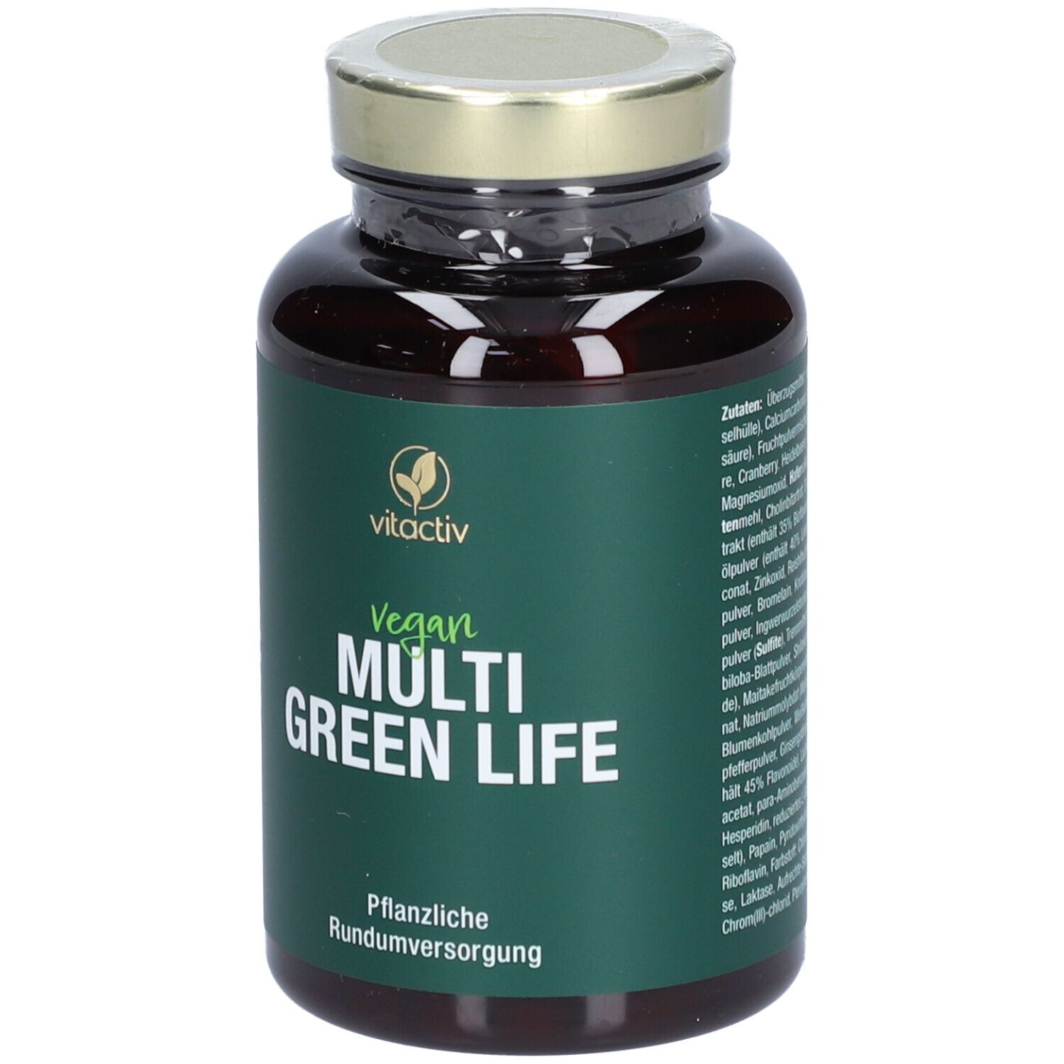 Braune Flasche mit grünem Etikett. Aufschrift: Vitactiv, Vegan, Multi Green Life. Pflanzliche Rundumversorgung.