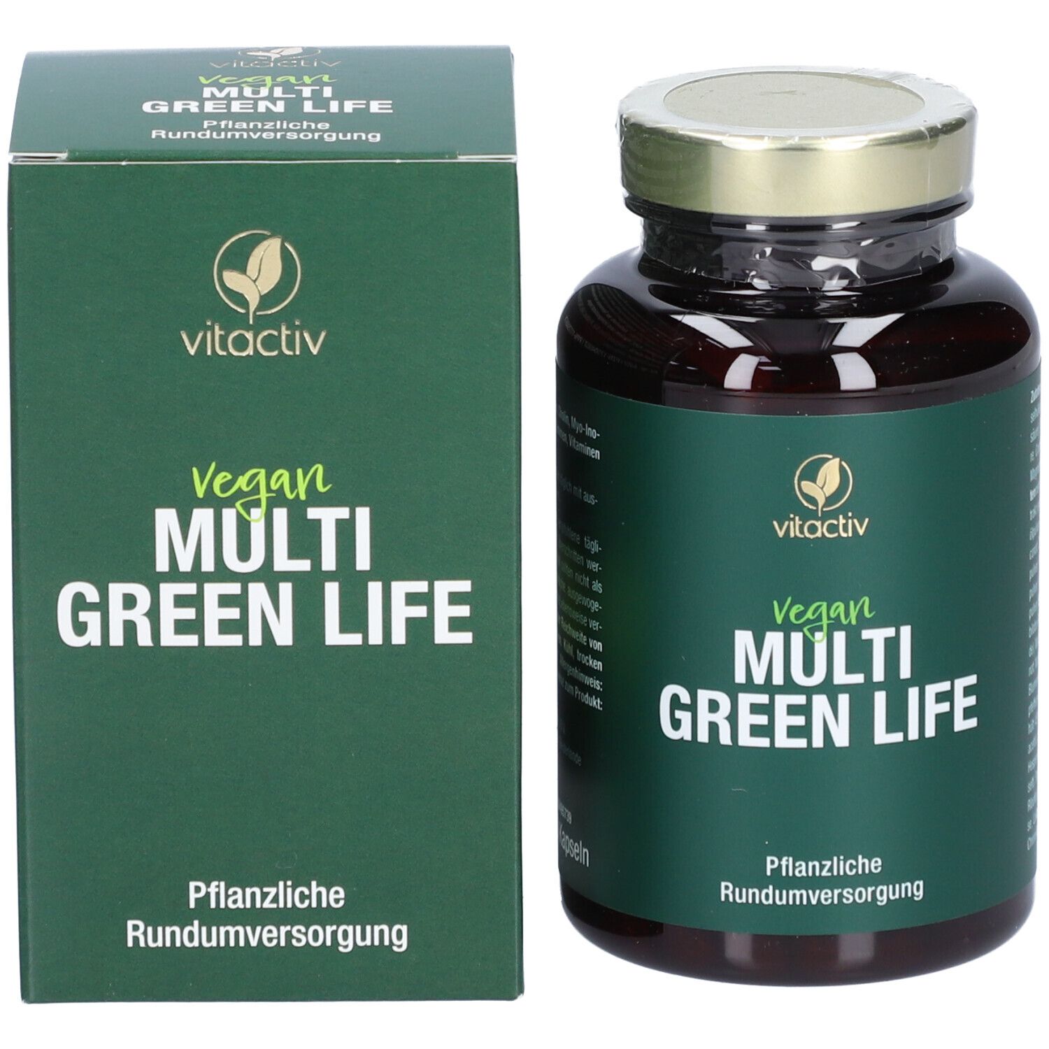 Produktverpackung: Flasche und Schachtel. Aufschrift: Vitactiv, Vegan, Multi Green Life. Pflanzliche Rundumversorgung.