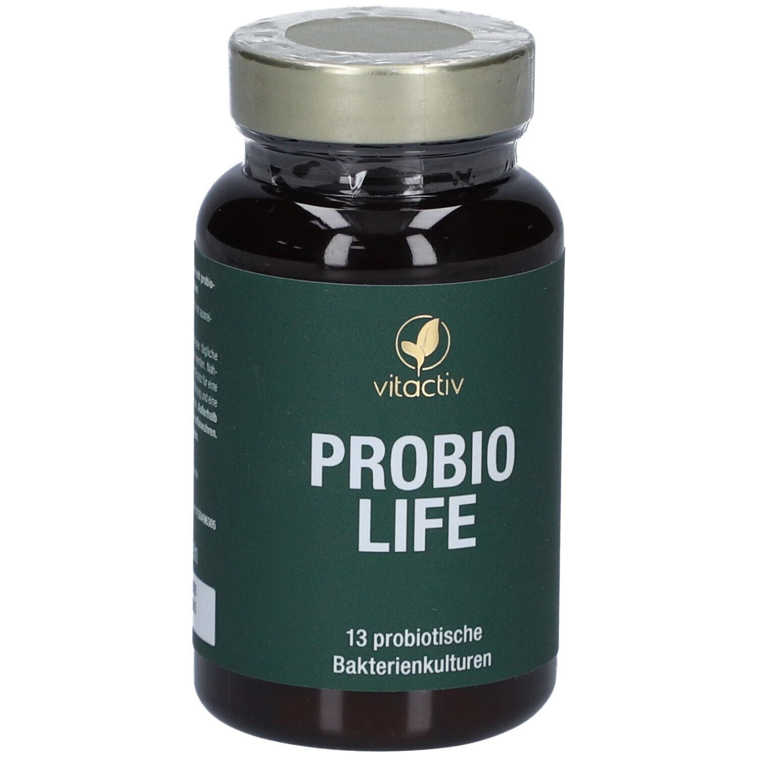 Weiße Flasche mit silbernem Deckel. Aufschrift: PRO-BIOLIFE, 13 probiotische Bakterienkulturen. Marke: Vitactiv.