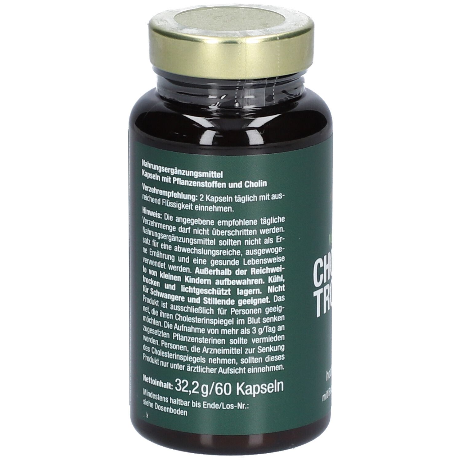 Braune Flasche mit grünem Etikett. Text: Vegan, Cholestrosan, hochdosiert mit Beta-Sitosterol. Goldener Deckel.