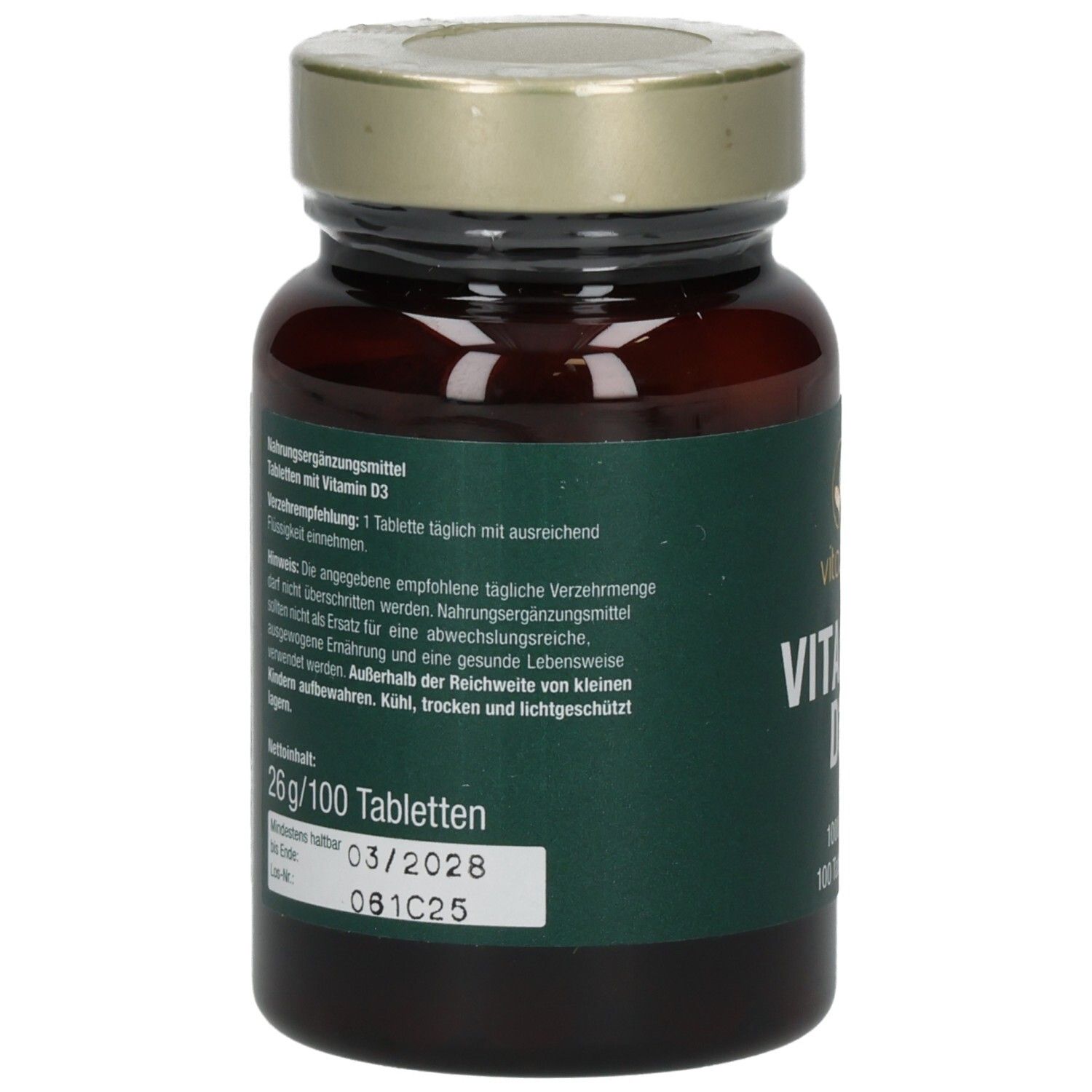 Weiße Flasche mit silbernem Deckel. Aufschrift: Vitamin D3, 800 IU. Gelbes Etikett. Text auf der Rückseite.