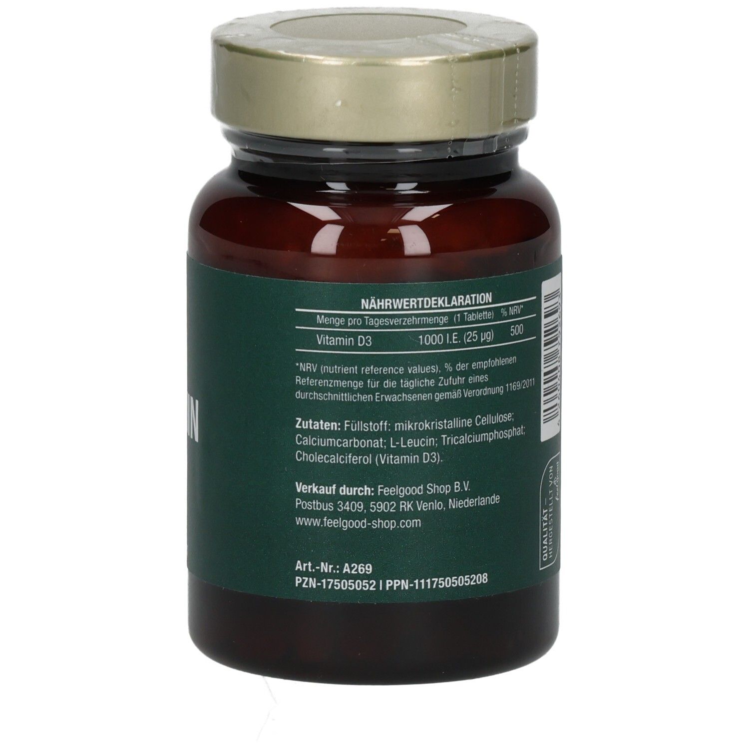 Weiße Flasche mit silbernem Deckel. Aufschrift: Vitamin D3, 800 IU. Gelbes Etikett. Nährwertdeklaration und Zutaten.