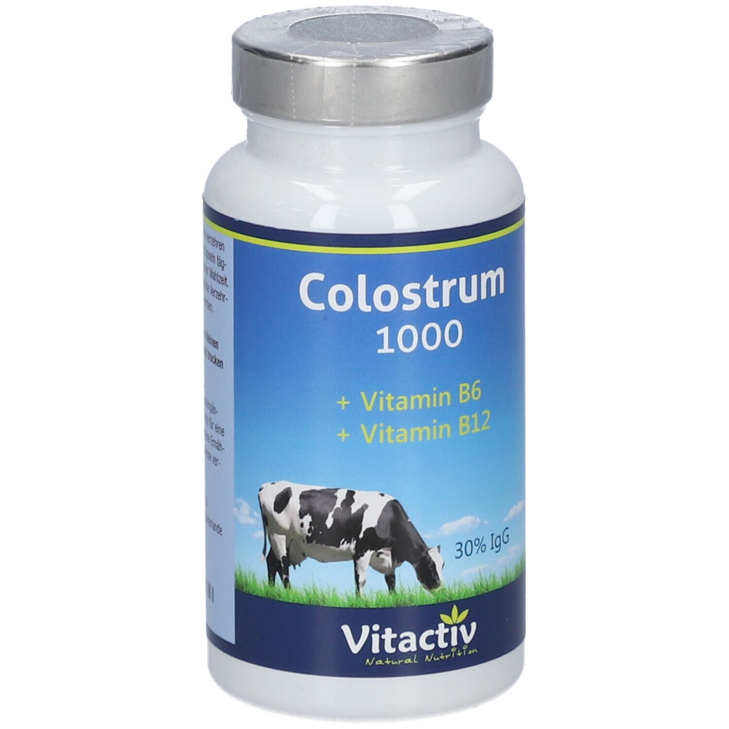 Weiße Flasche mit silbernem Deckel. Blaues Etikett mit Aufschrift: Colostrum 1000, Vitamine B6, B12. Kuh-Illustration.