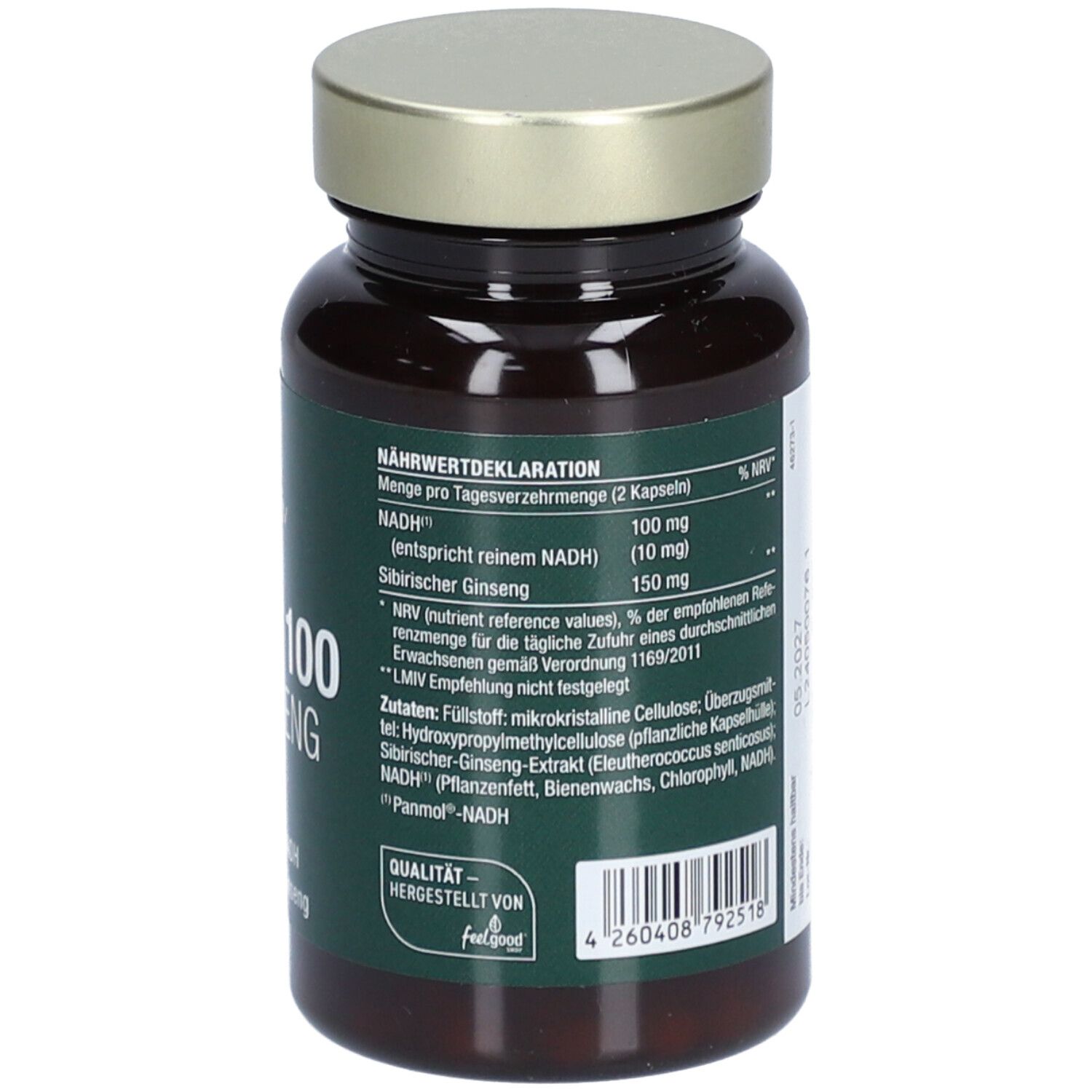 Braune Glasflasche mit grünem Etikett. Aufschrift: NADH 100 + Ginseng. Marke: Vitactiv.